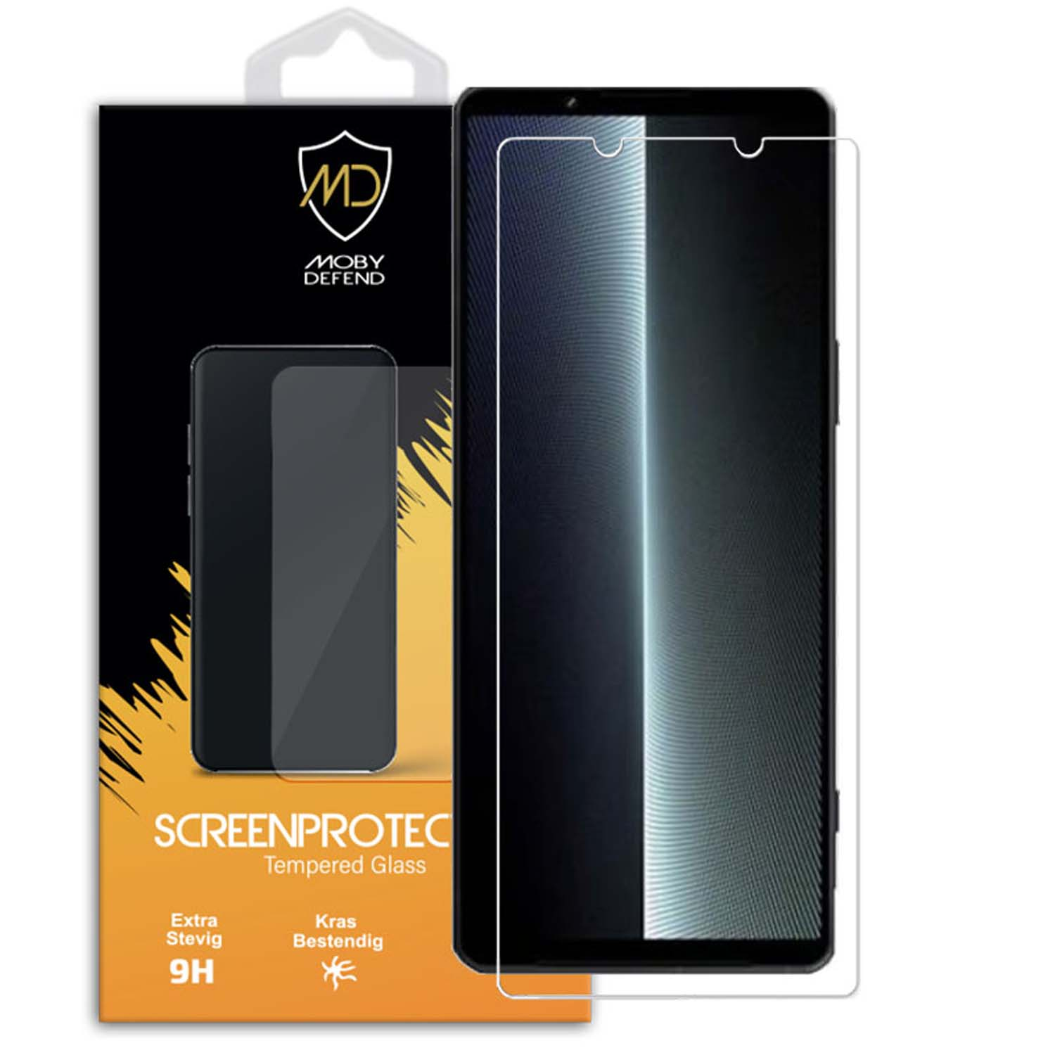 Smartphone met schermbeschermer. Doos met telefoonbeeld, MD-logo en productinfo. De telefoon is geel en grijs.