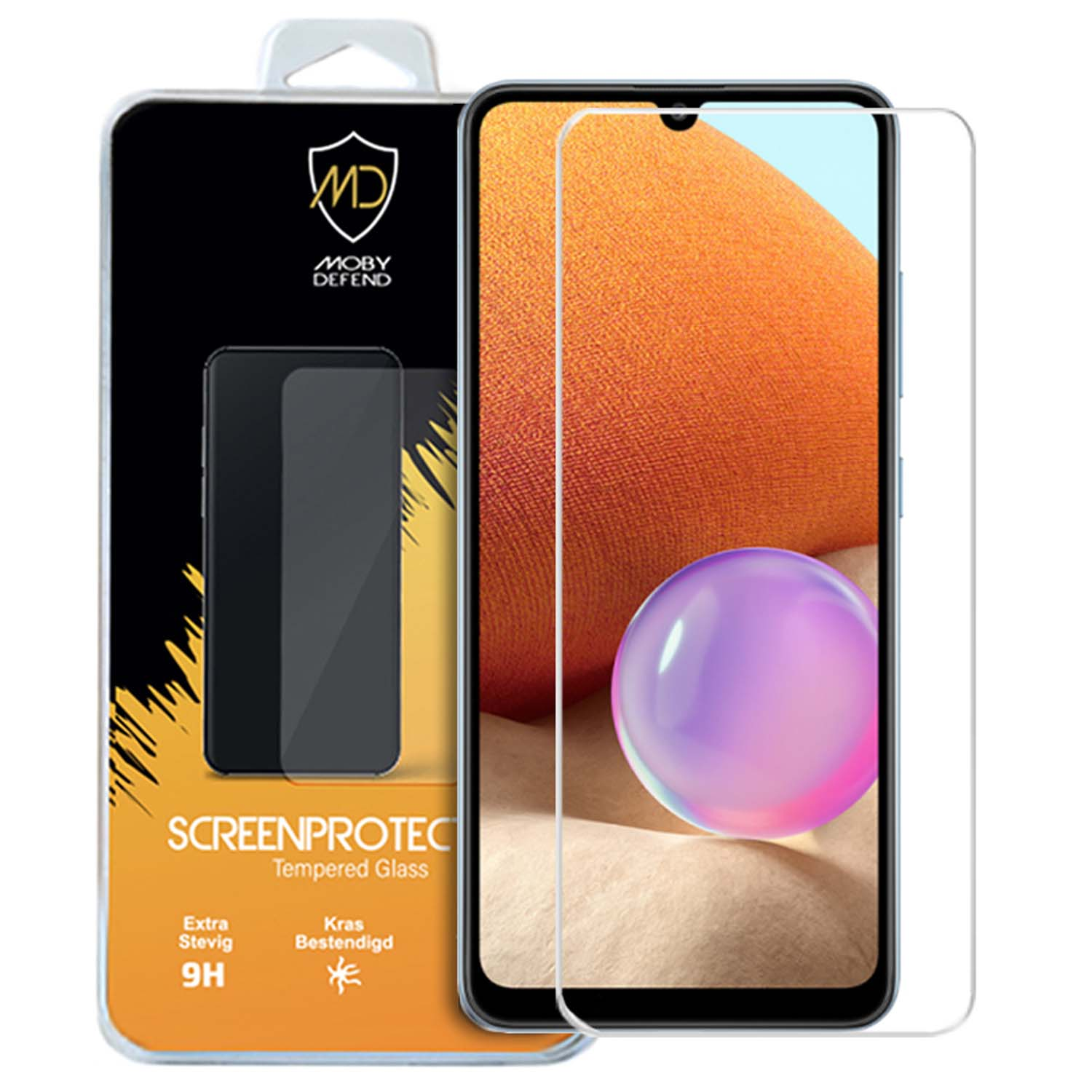 Protecteur d'écran et téléphone avec fond orange et violet, avec boîte Moby Defend en arrière-plan.