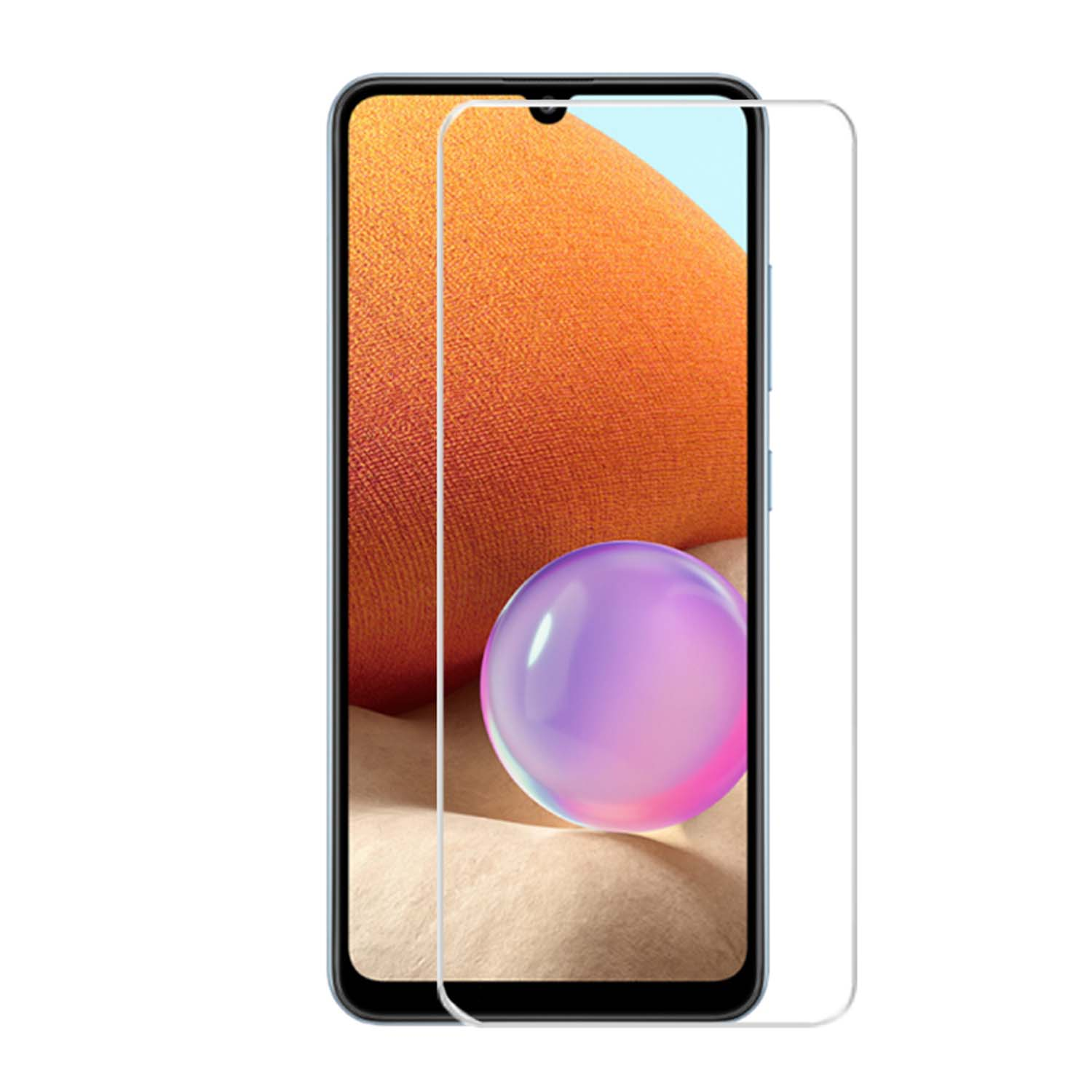 Smartphone avec protecteur d'écran appliqué, montrant un fond orange et violet.