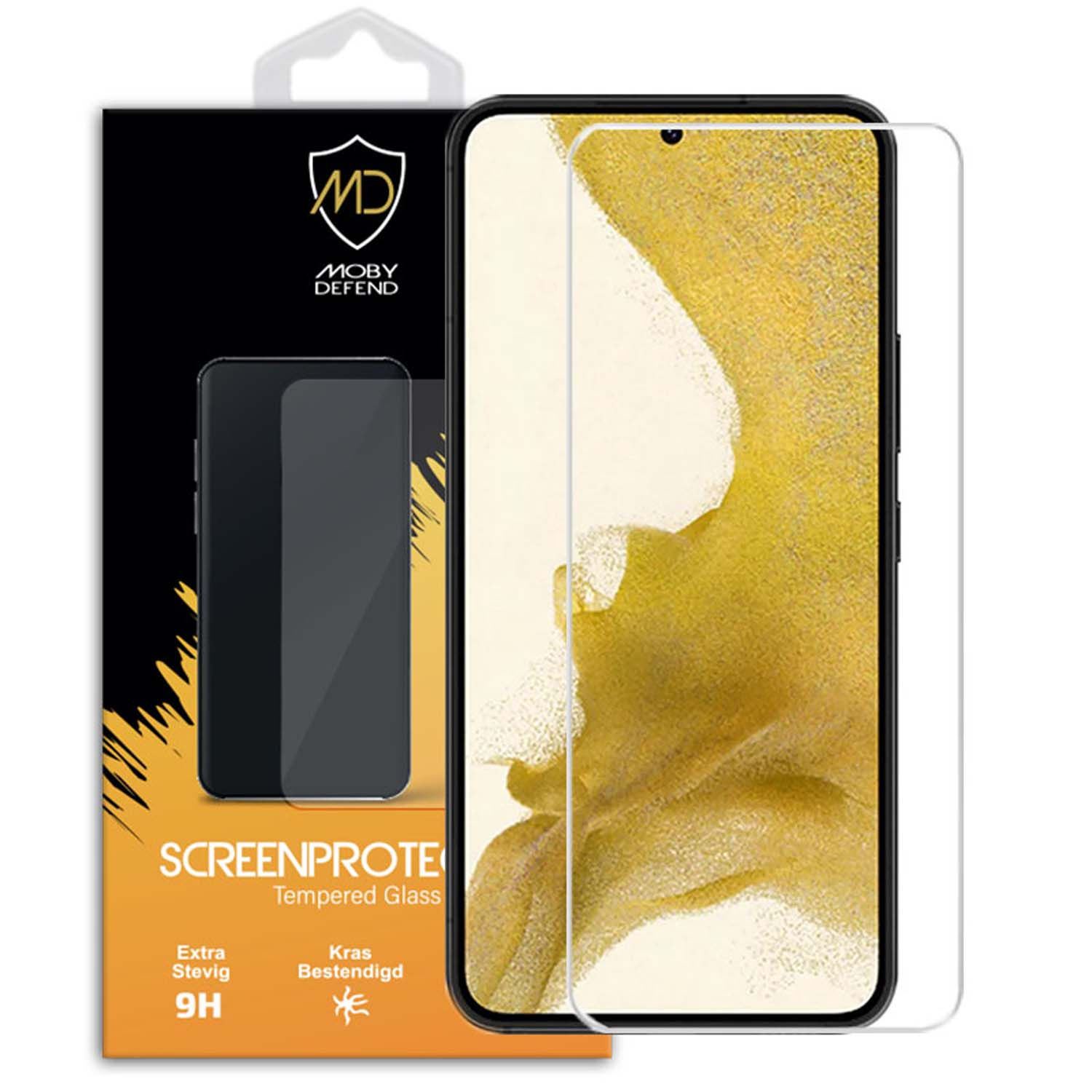 Smartphone avec protecteur d'écran. Boîte avec image de téléphone, logo MD et infos. Le téléphone est doré.