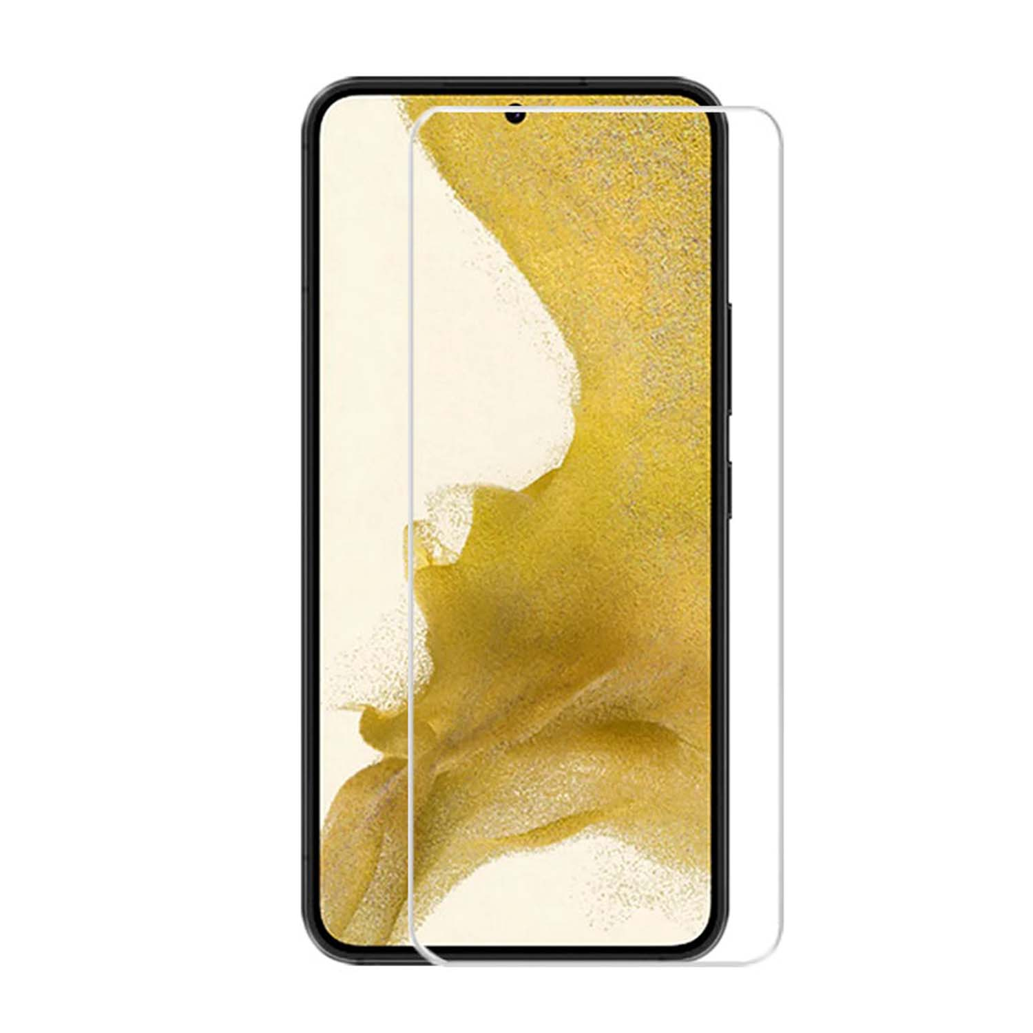 Téléphone avec protecteur d'écran appliqué. Le téléphone affiche un fond de couleur dorée.
