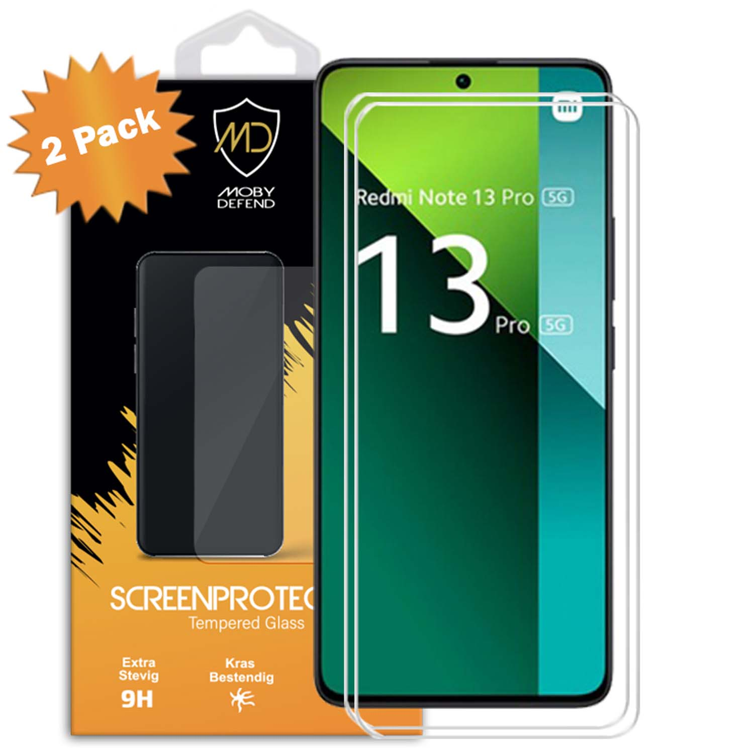 Telefoonschermbeschermerset met telefoonscherm op de achtergrond en verpakking links.