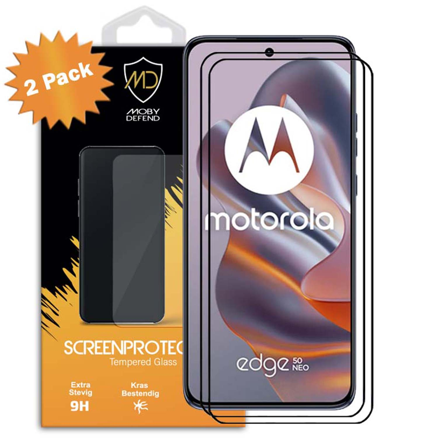 Un pack de protecteurs d'écran pour téléphone. Un téléphone Motorola edge neo avec protecteur.