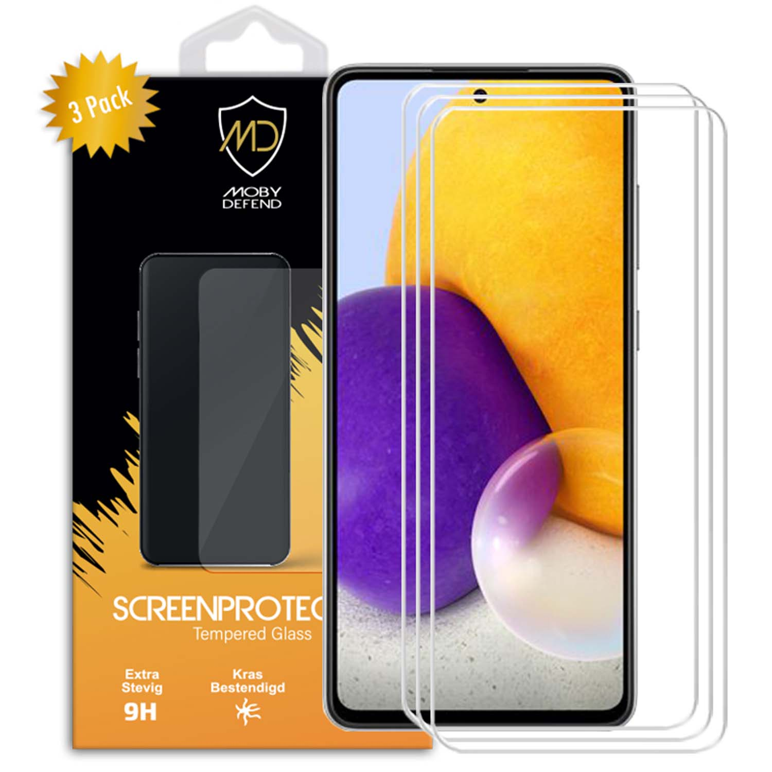 Téléphone avec protecteurs et boîte Moby Defend. Scène jaune.