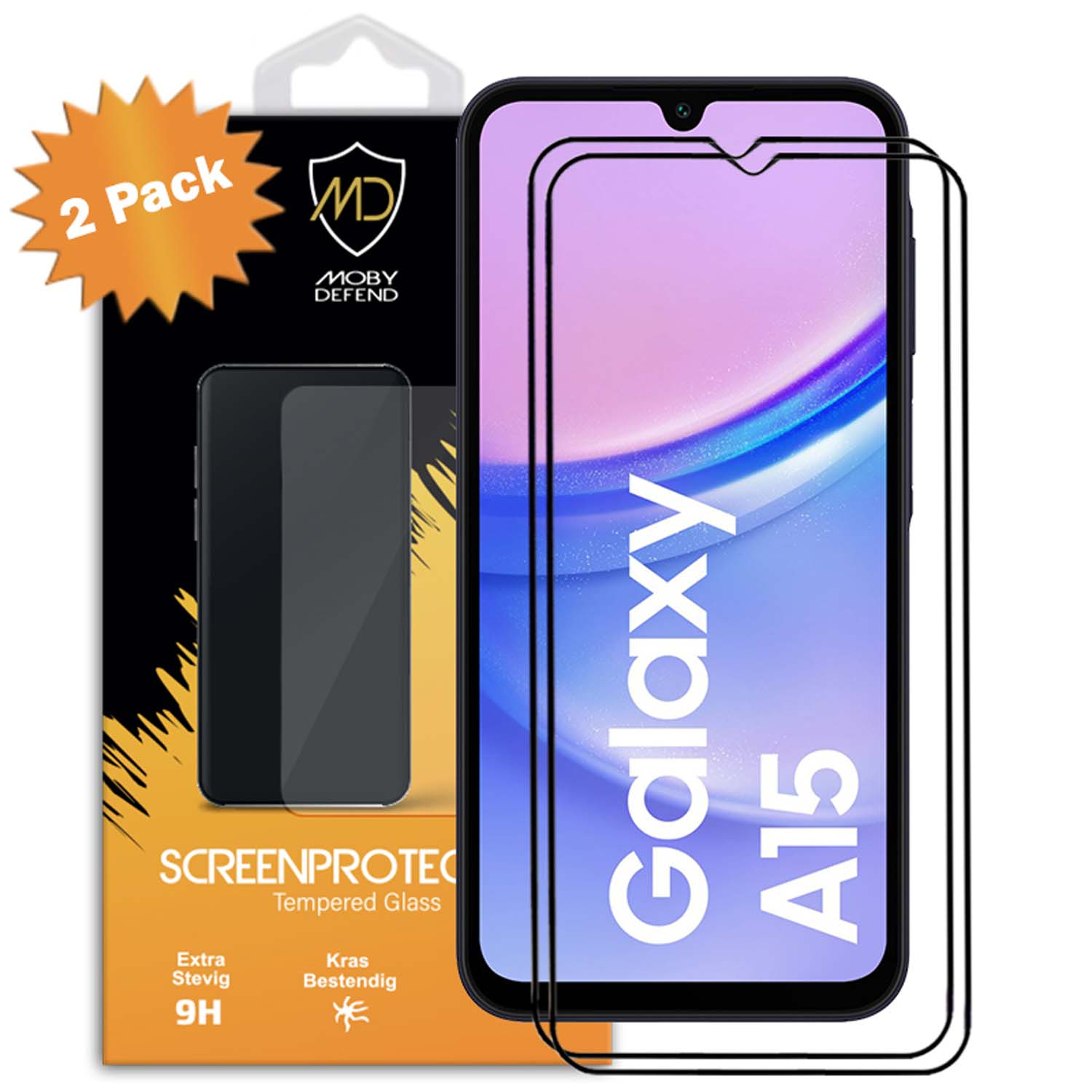 Protecteur d'écran avec téléphone à droite et emballage à gauche. Texte : ScreenProtect, 9H, Moby Defend et Galaxy A15.