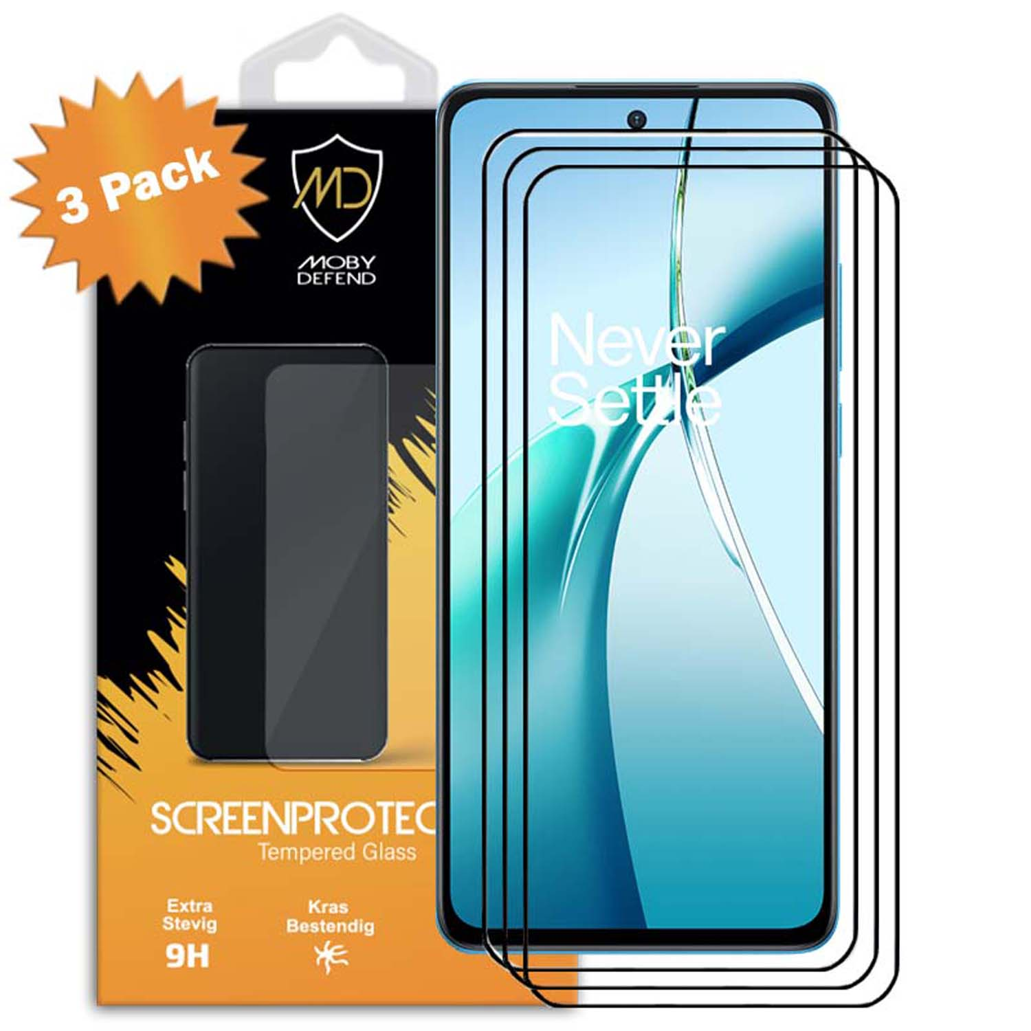 Protecteur d'écran de téléphone avec un téléphone affichant 'Never Settle'. L'emballage affiche '3 Pack'.