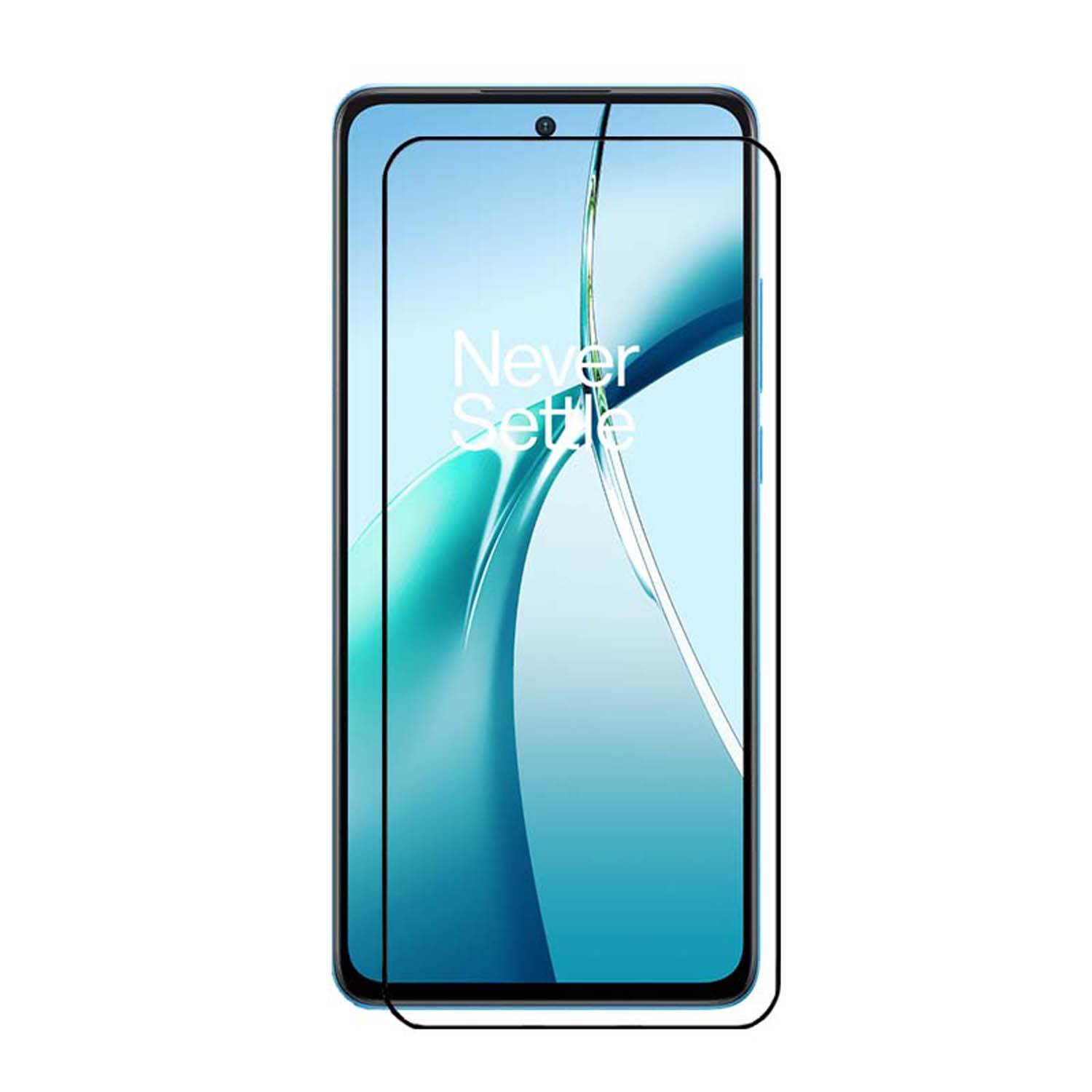 Téléphone avec protecteur d'écran. Affiche le texte 'Never Settle'.