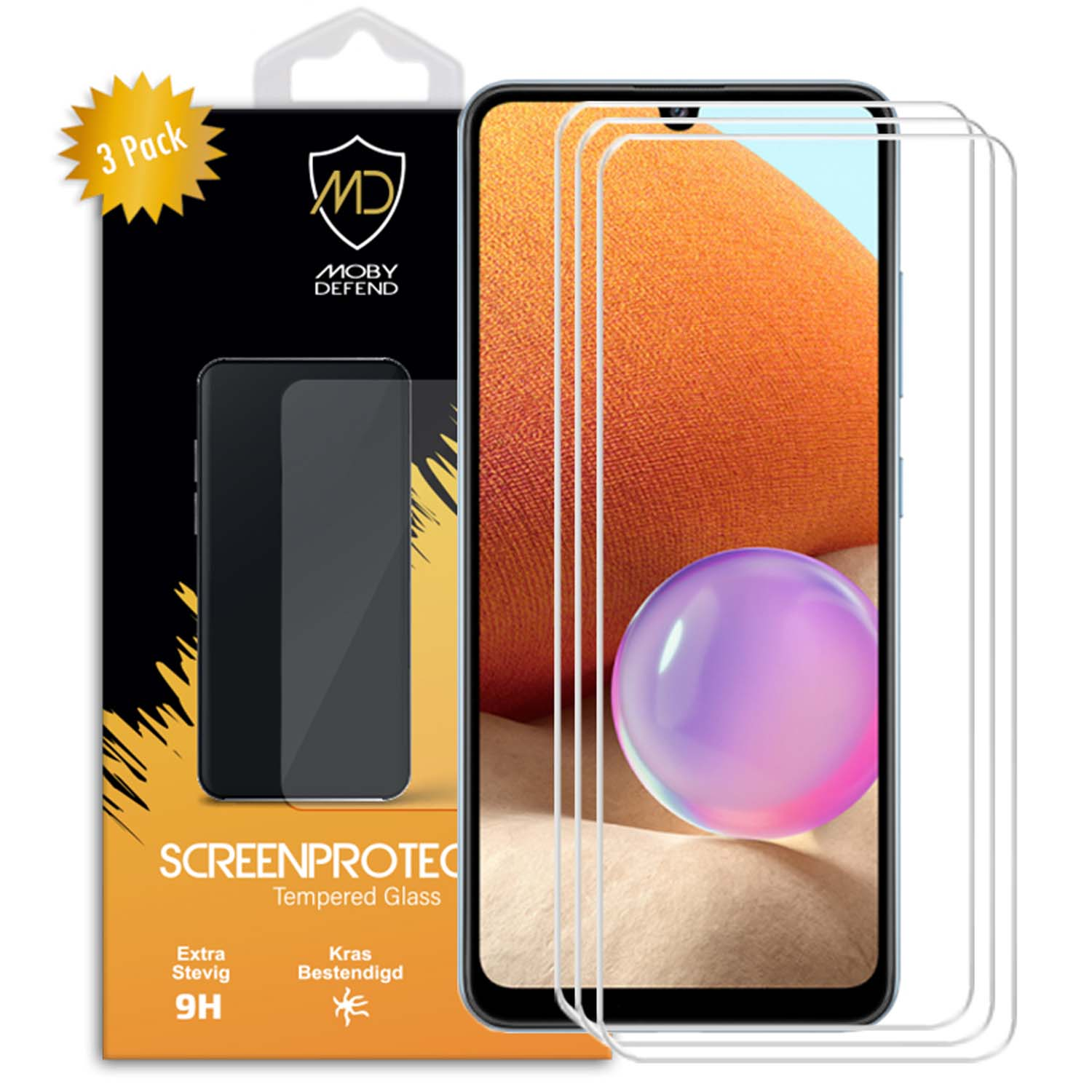 Emballage avec 3 protecteurs d'écran pour téléphone, à côté d'un téléphone.