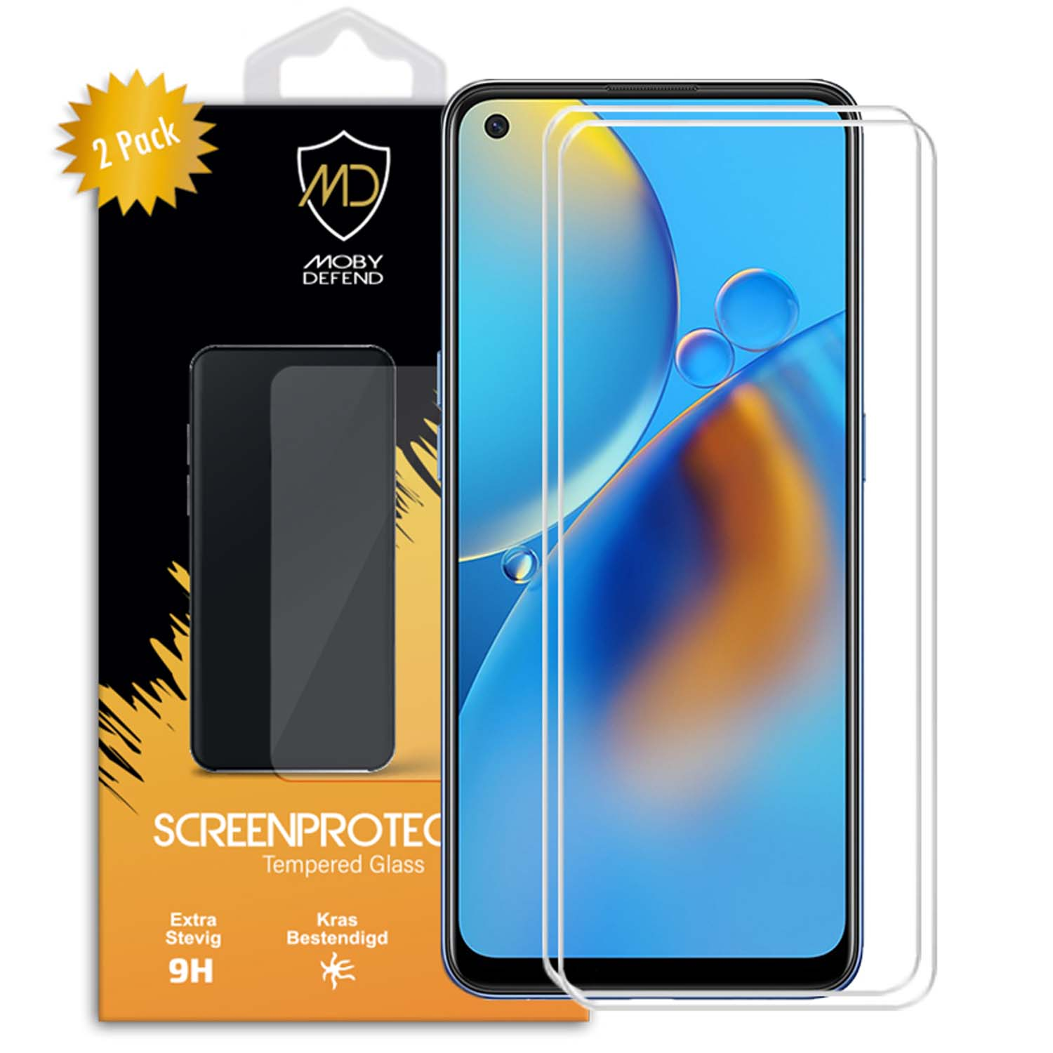 Telefoon met een schermbeschermer, toont een blauwe achtergrond met waterdruppels.