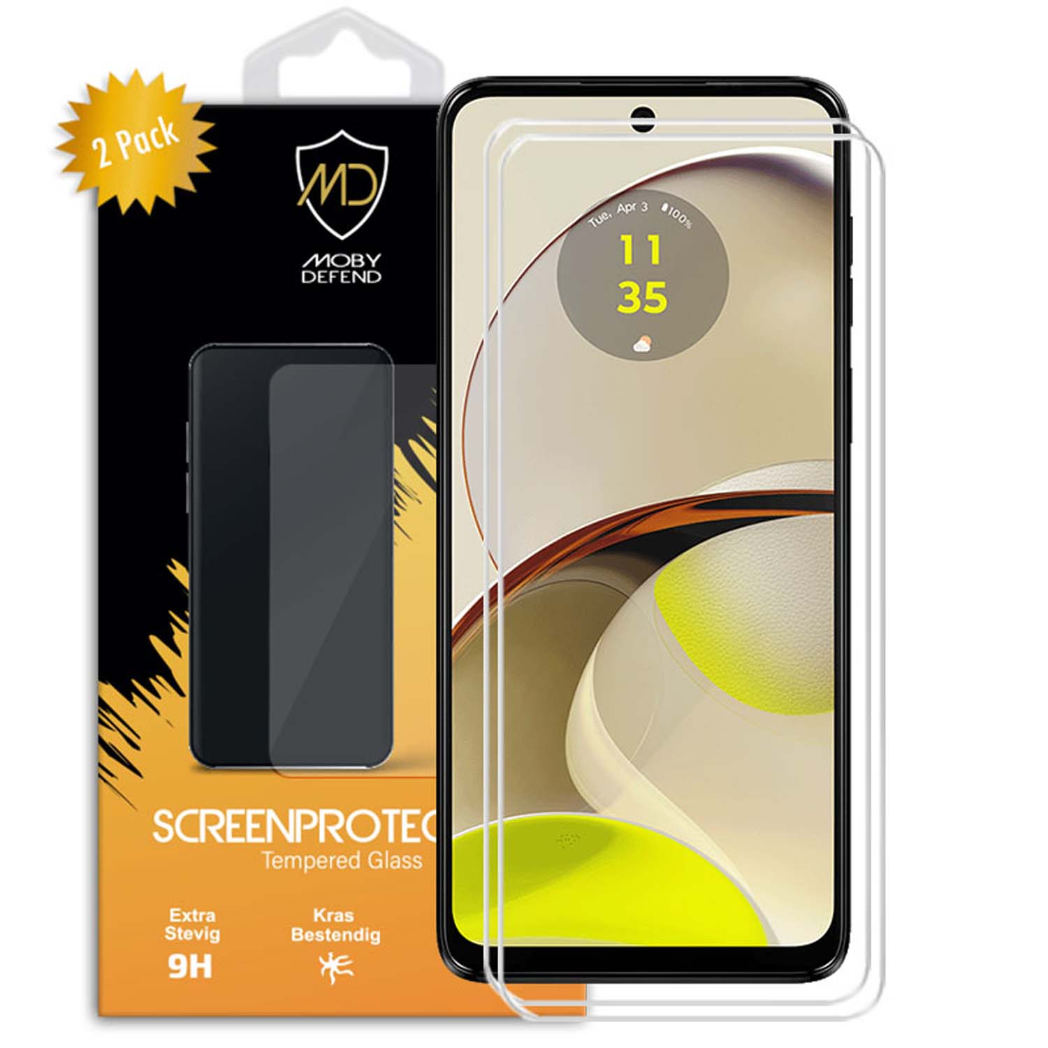 Telefoonschermbeschermer. Telefoon met glazen beschermer. Het scherm toont datum, tijd en batterijpercentage.