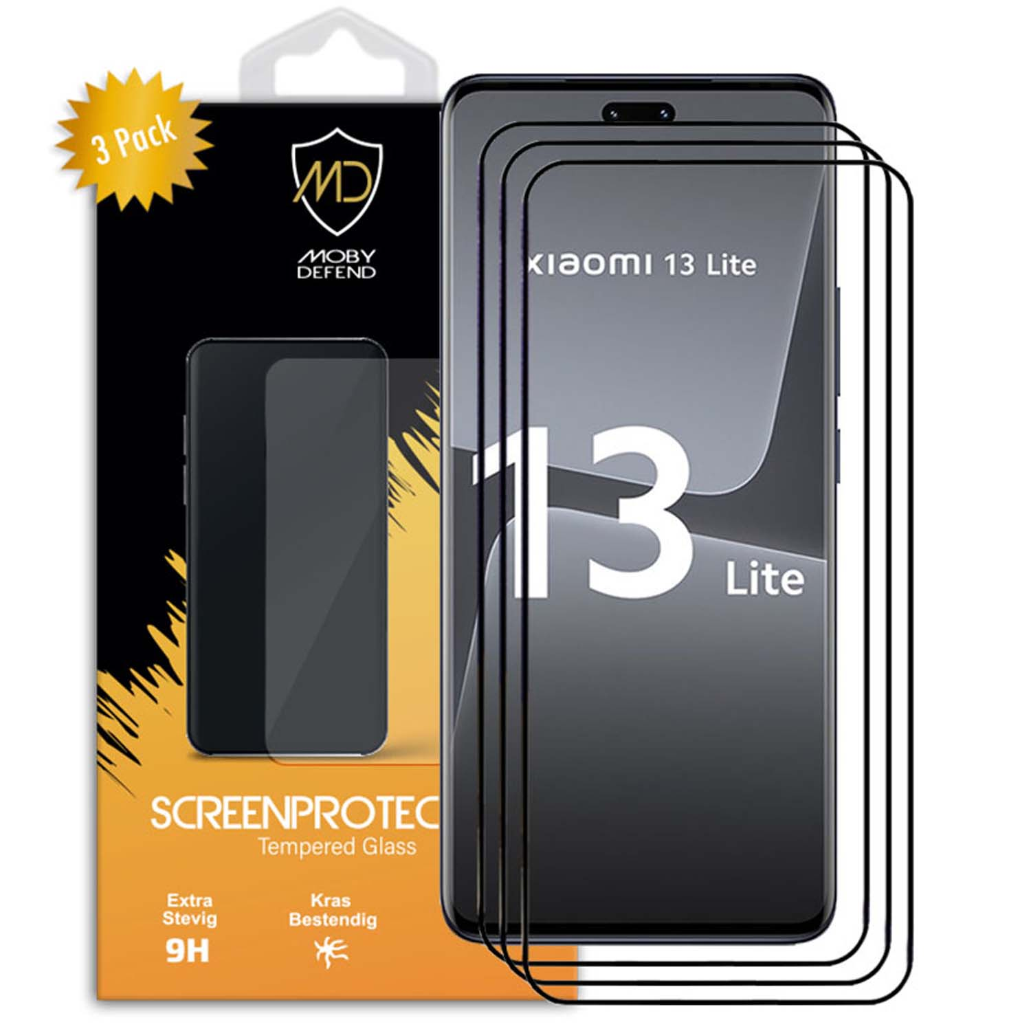 Xiaomi 13 Lite screenprotector met 3-pack. De doos is zwart en goud.