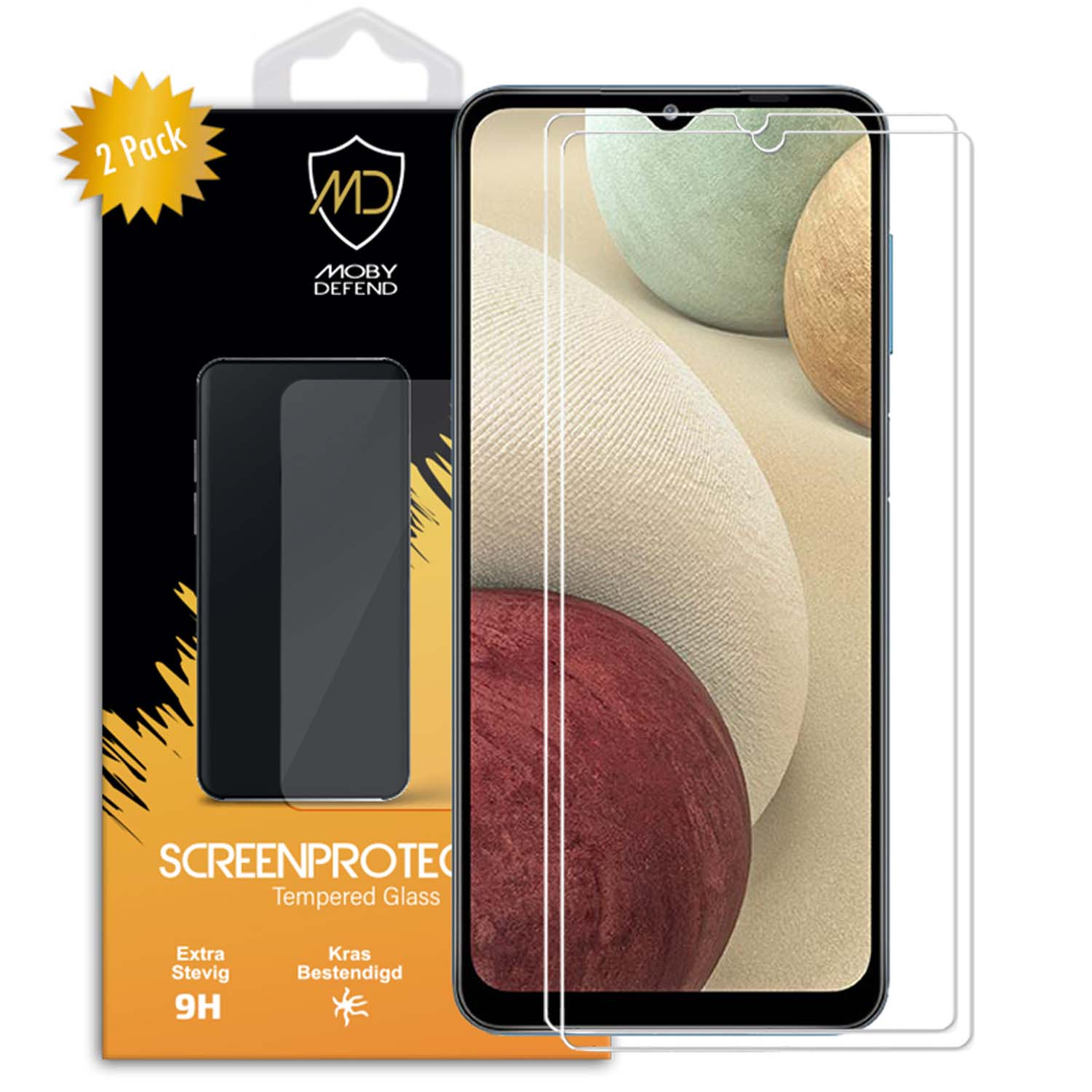 Un lot de 2 protecteurs d'écran pour smartphone. La boîte a la marque, et l'écran du téléphone est visible.