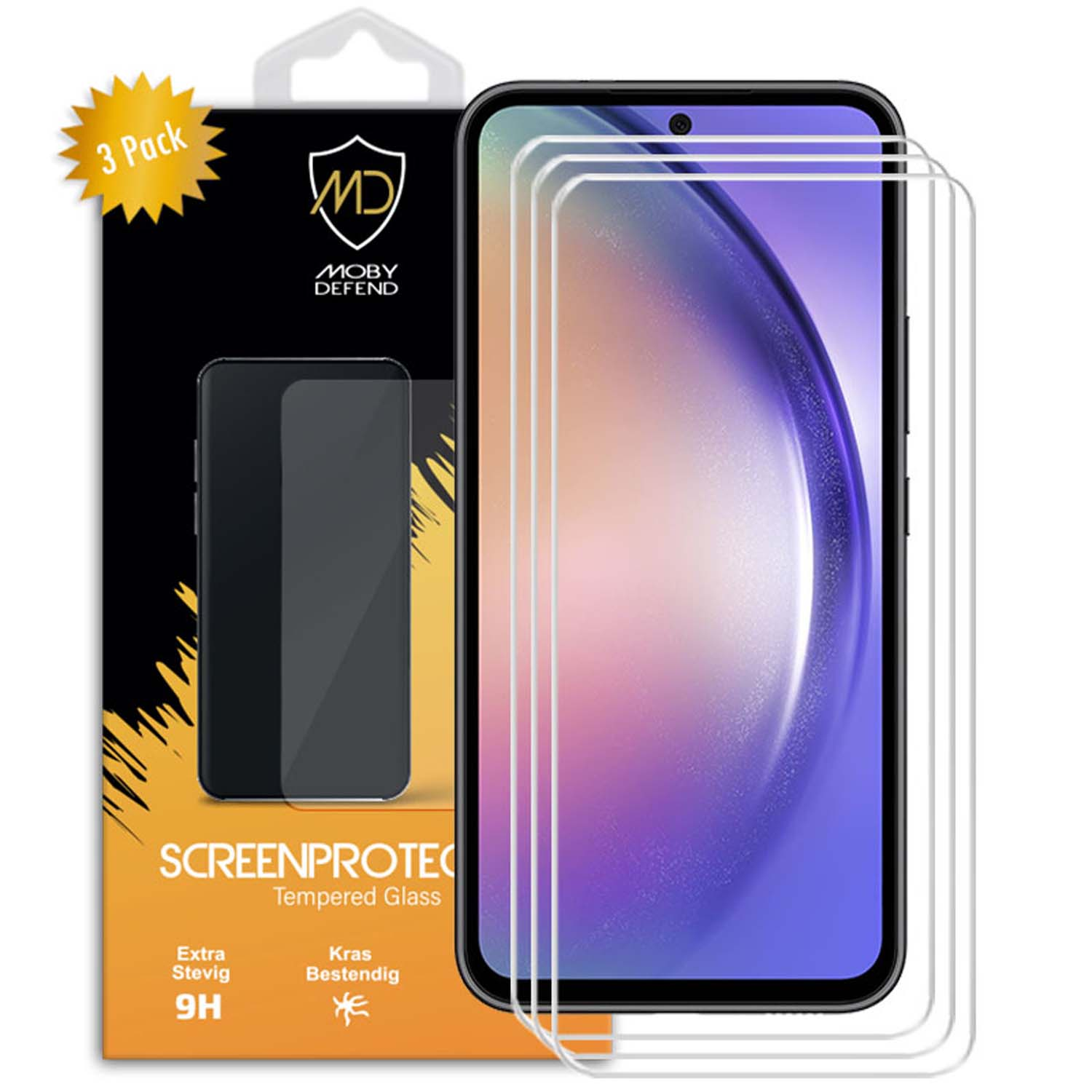 Telefoonschermbeschermer pack. Doos toont telefoonafbeelding en merknaam. Screenprotector zit op de telefoon.