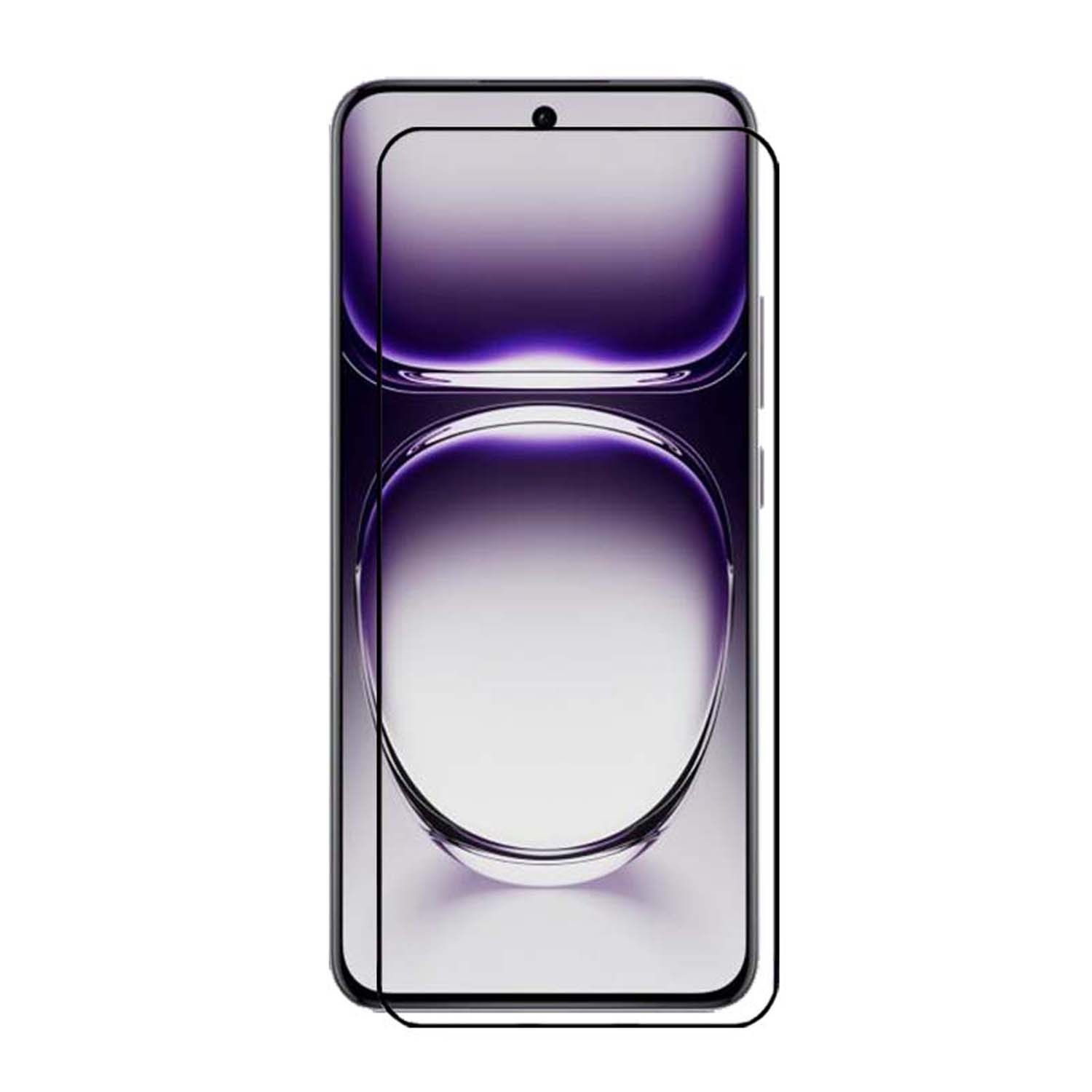 Telefoon met schermbeschermer. De telefoon heeft een paarse achtergrond en een glazen beschermer.