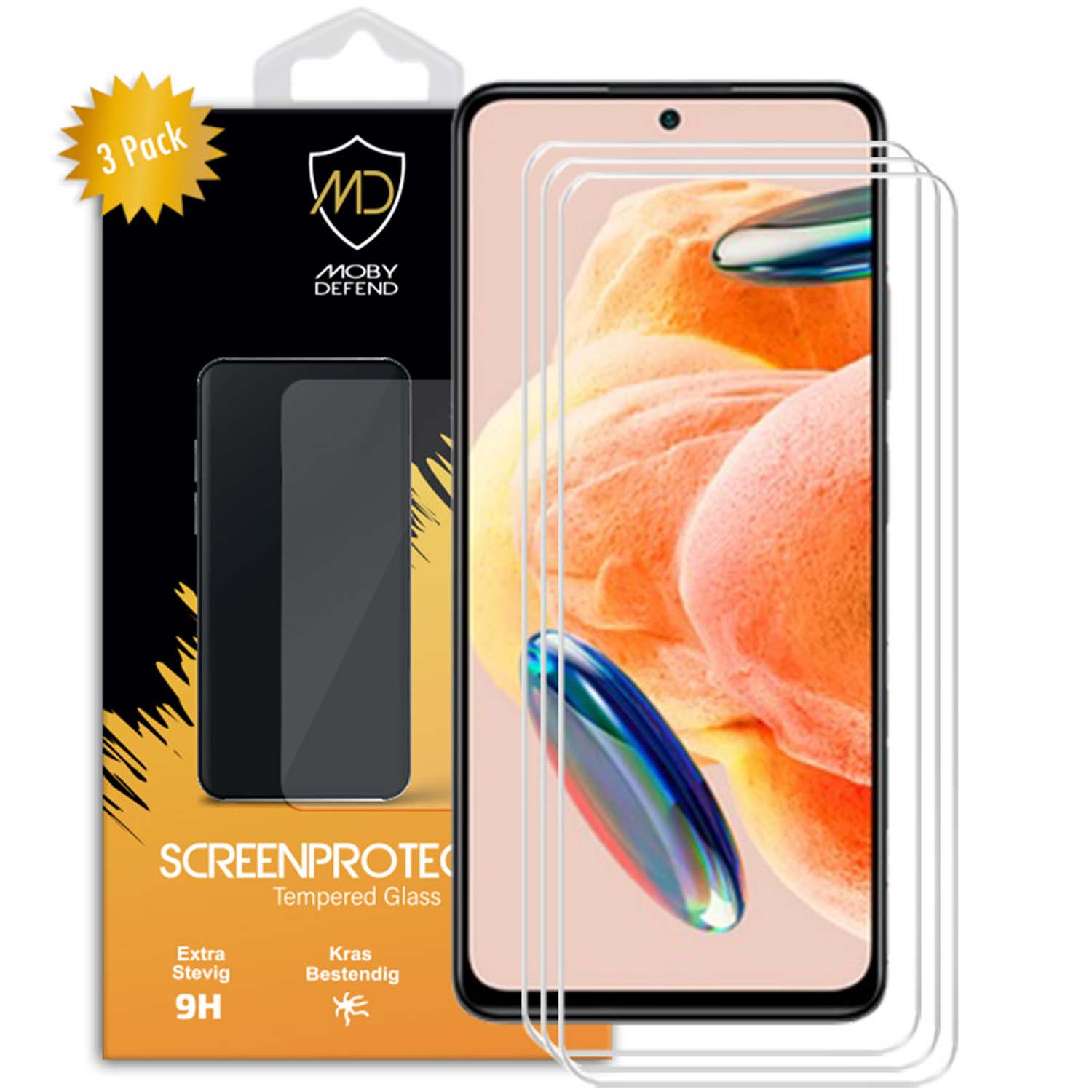 Téléphone avec protecteurs d'écran. La boîte montre un téléphone et un protecteur. Le téléphone a un fond abstrait coloré.