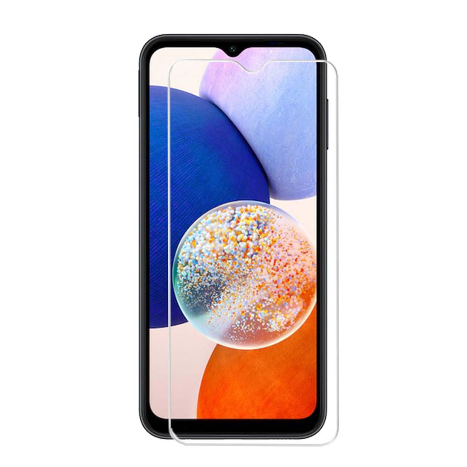 Een telefoon met een schermbeschermer, die een scherm met een kleurrijke achtergrond laat zien.