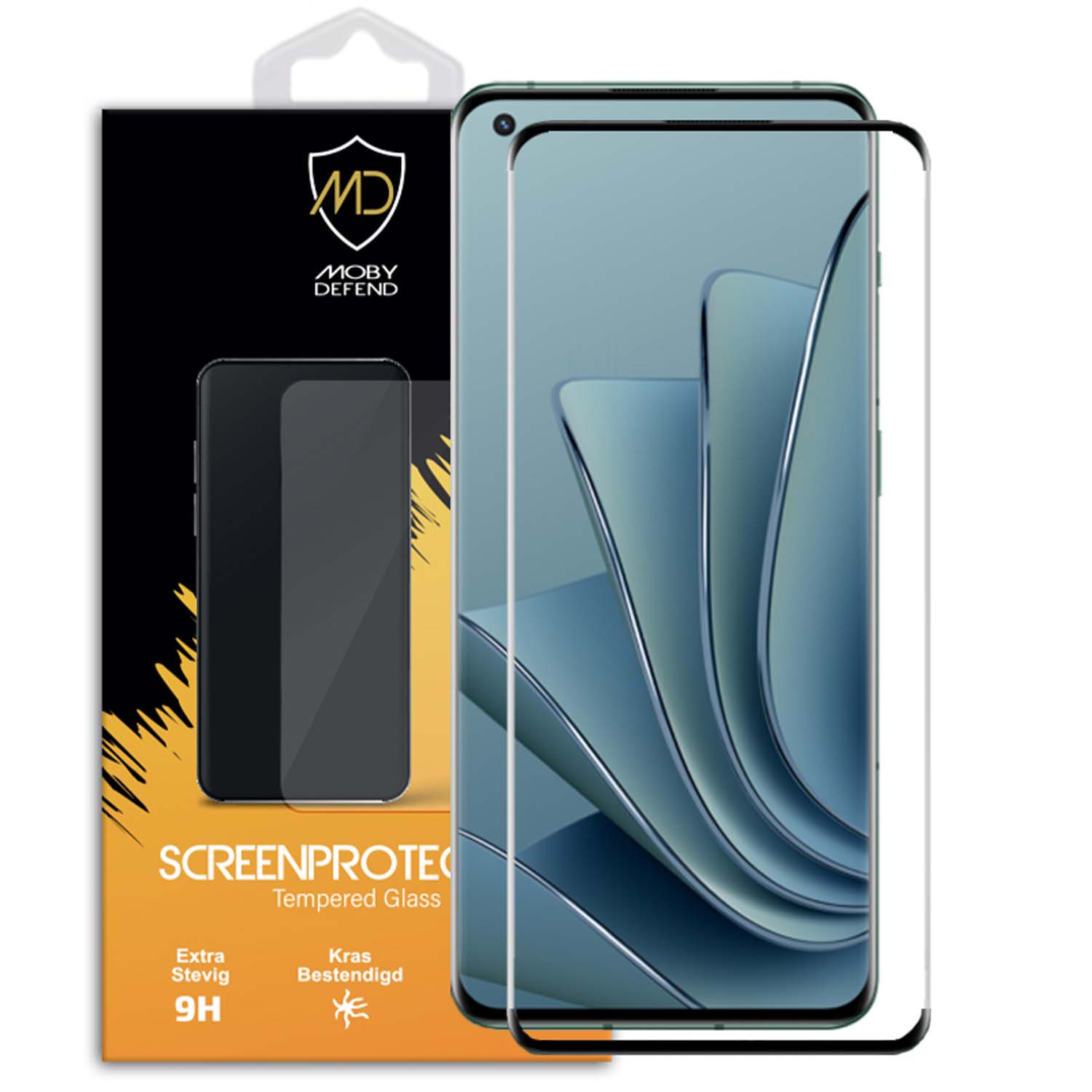 Telefoonschermbeschermers. Verpakking toont '2 Pack' en een telefoon met een kleurrijke achtergrond.