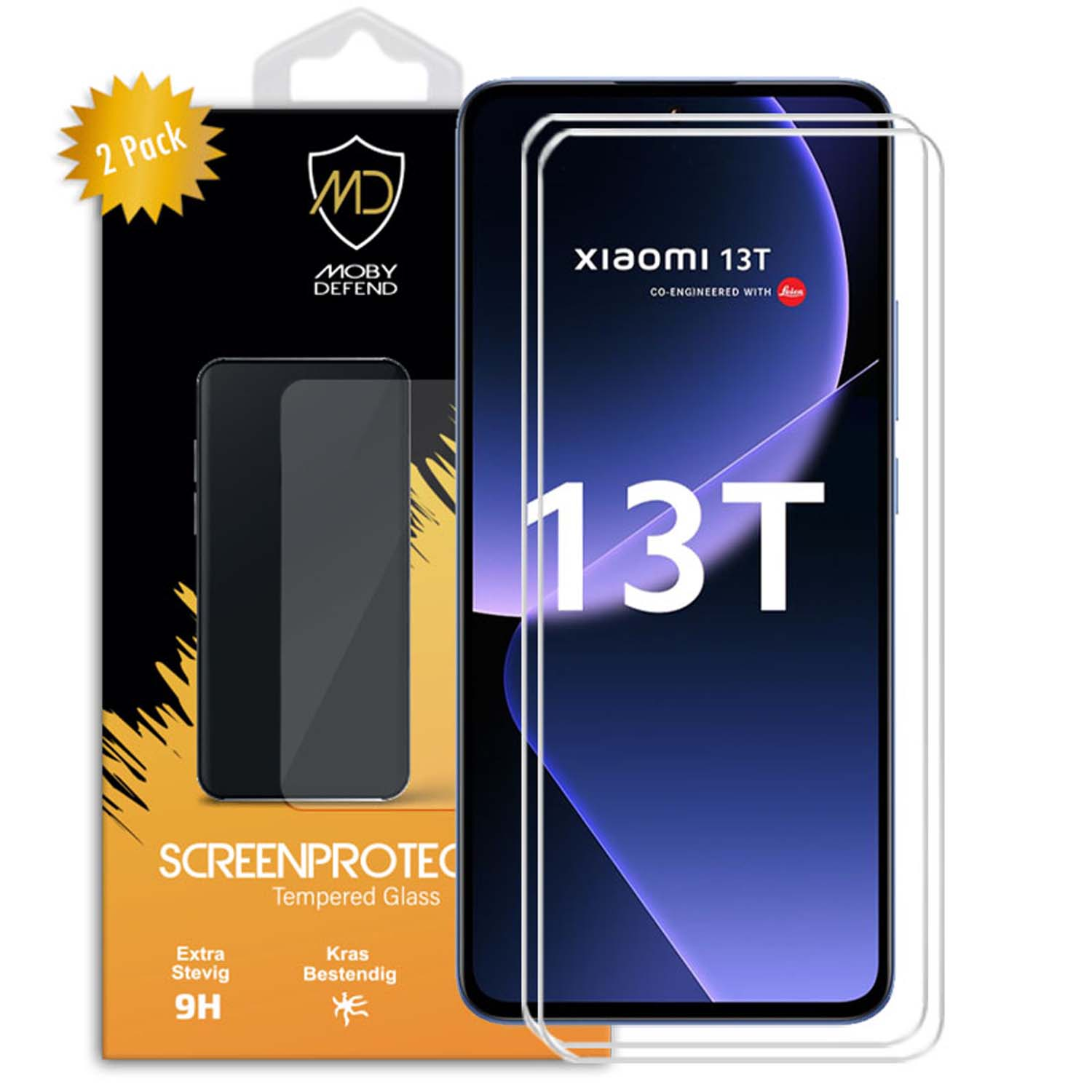Xiaomi 13T telefoon met een schermbeschermer op een witte achtergrond.