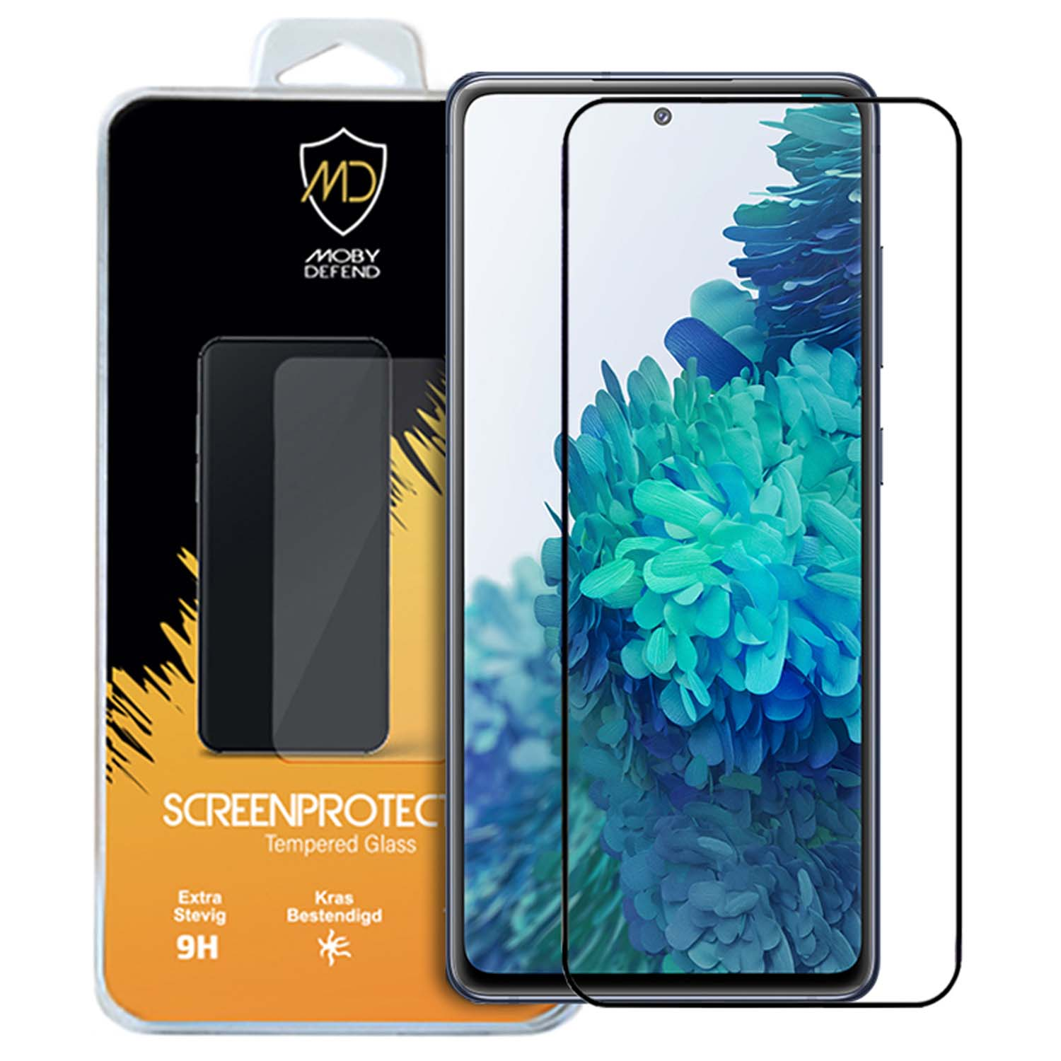 Telefoon met schermbeschermer, met verpakking en tekst. Het scherm toont een blauwe en groene achtergrond.