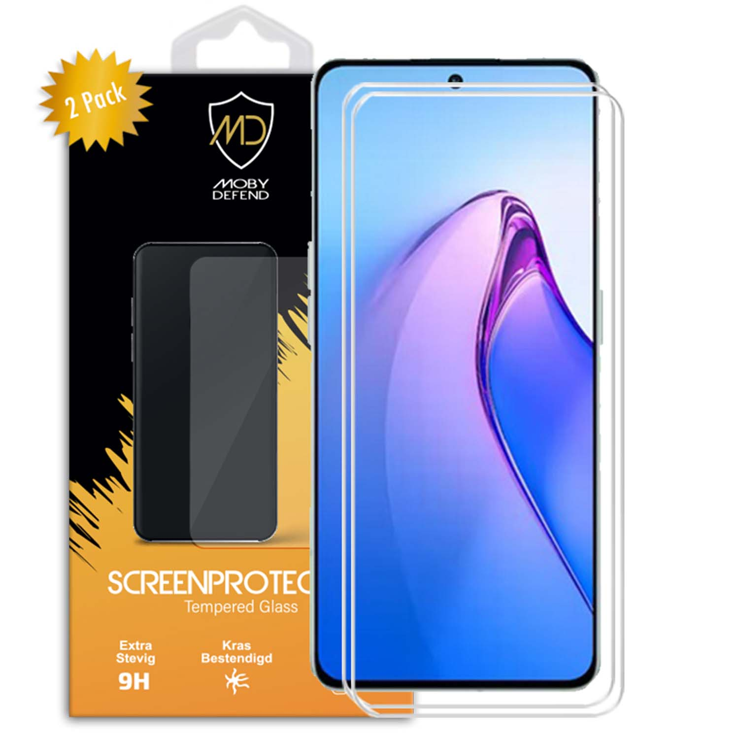 Paquet de protecteur d'écran de téléphone, téléphone avec protecteur et boîte noire et dorée.