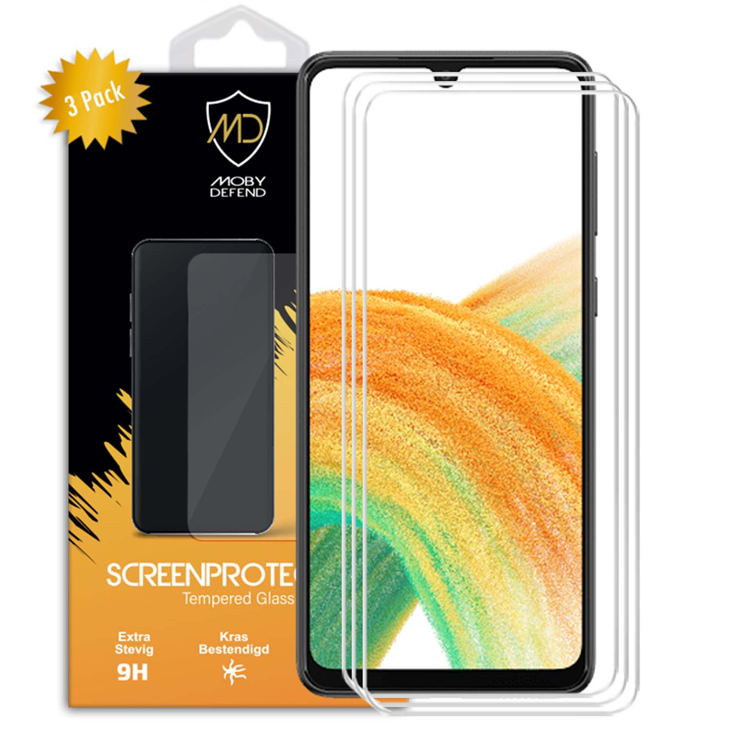 Ensemble de protecteur d'écran de téléphone avec écran de téléphone en arrière-plan et emballage à gauche.