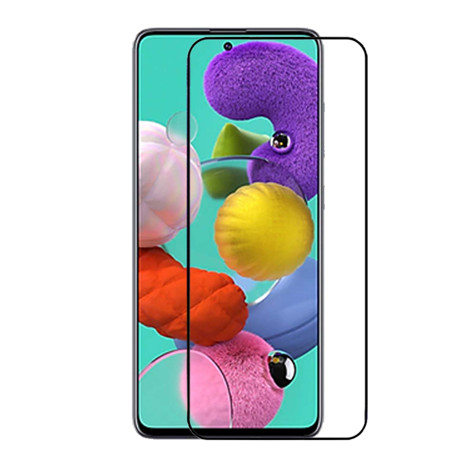 Telefoonscherm met kleurrijke abstracte vormen en een schermbeschermer.