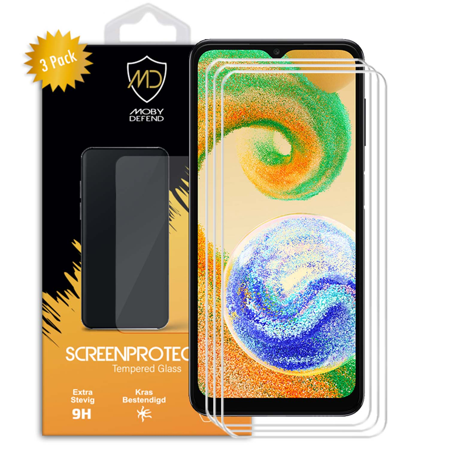 Verpakking van schermbeschermers en telefoon. Zwarte doos met logo en tekst.
