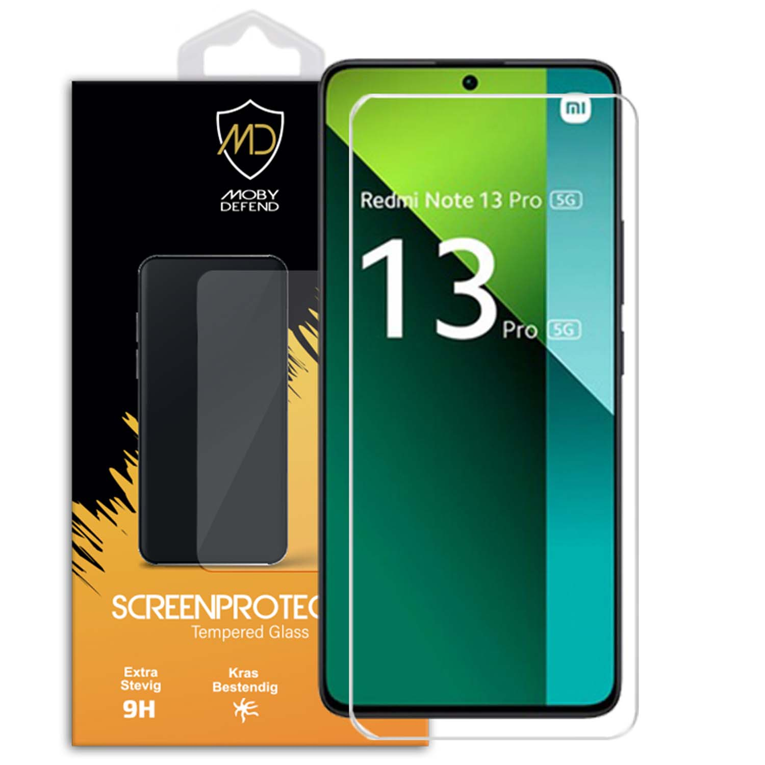 Protecteur d'écran, téléphone à écran vert, boîte avec logo. Texte: Protecteur d'écran, verre trempé, 9H.