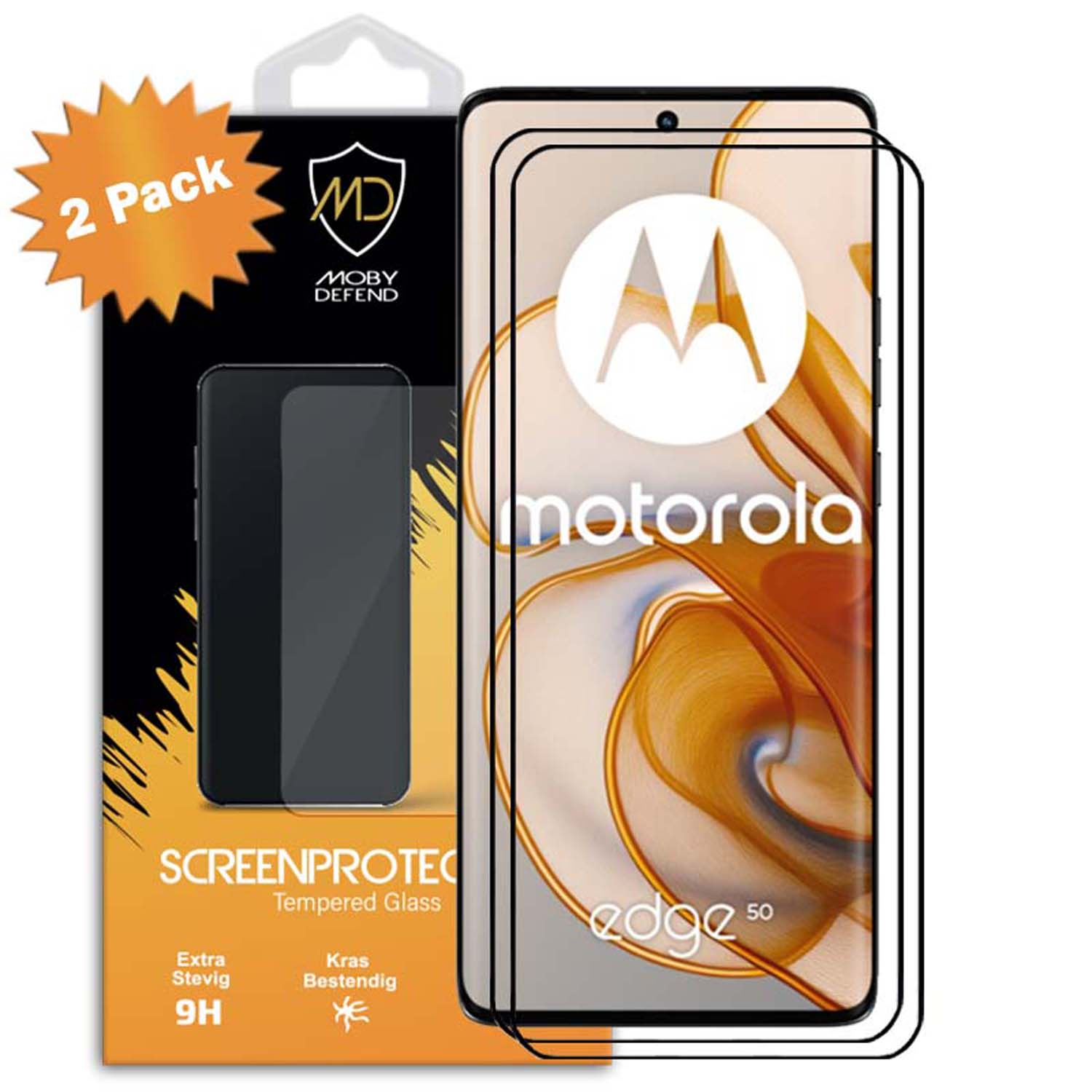 Schermbeschermer voor een Motorola-telefoon, verpakt met twee beschermers. De doos is zwart en geel.