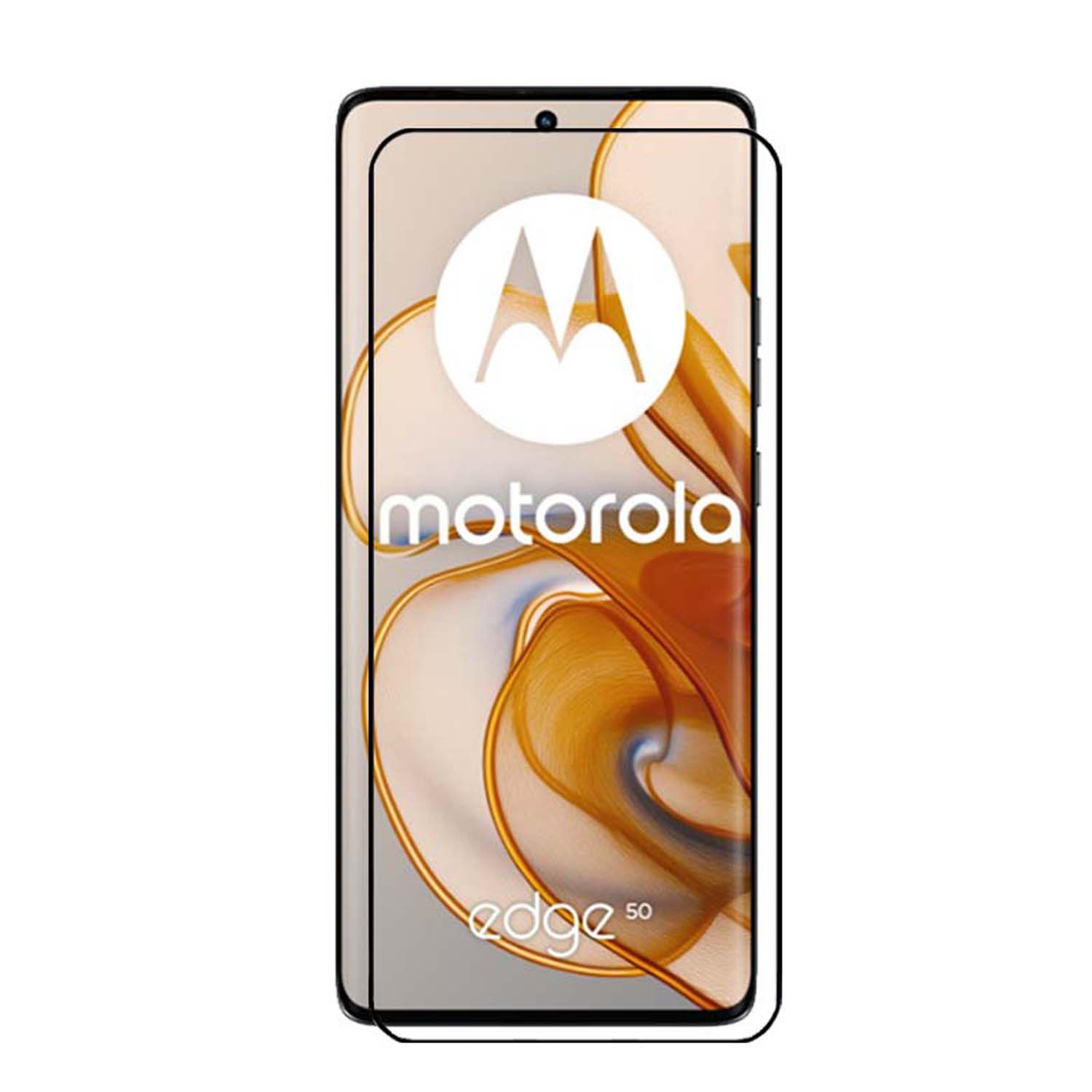 Motorola Edge 50 telefoon met screenprotector. Het scherm toont het logo.