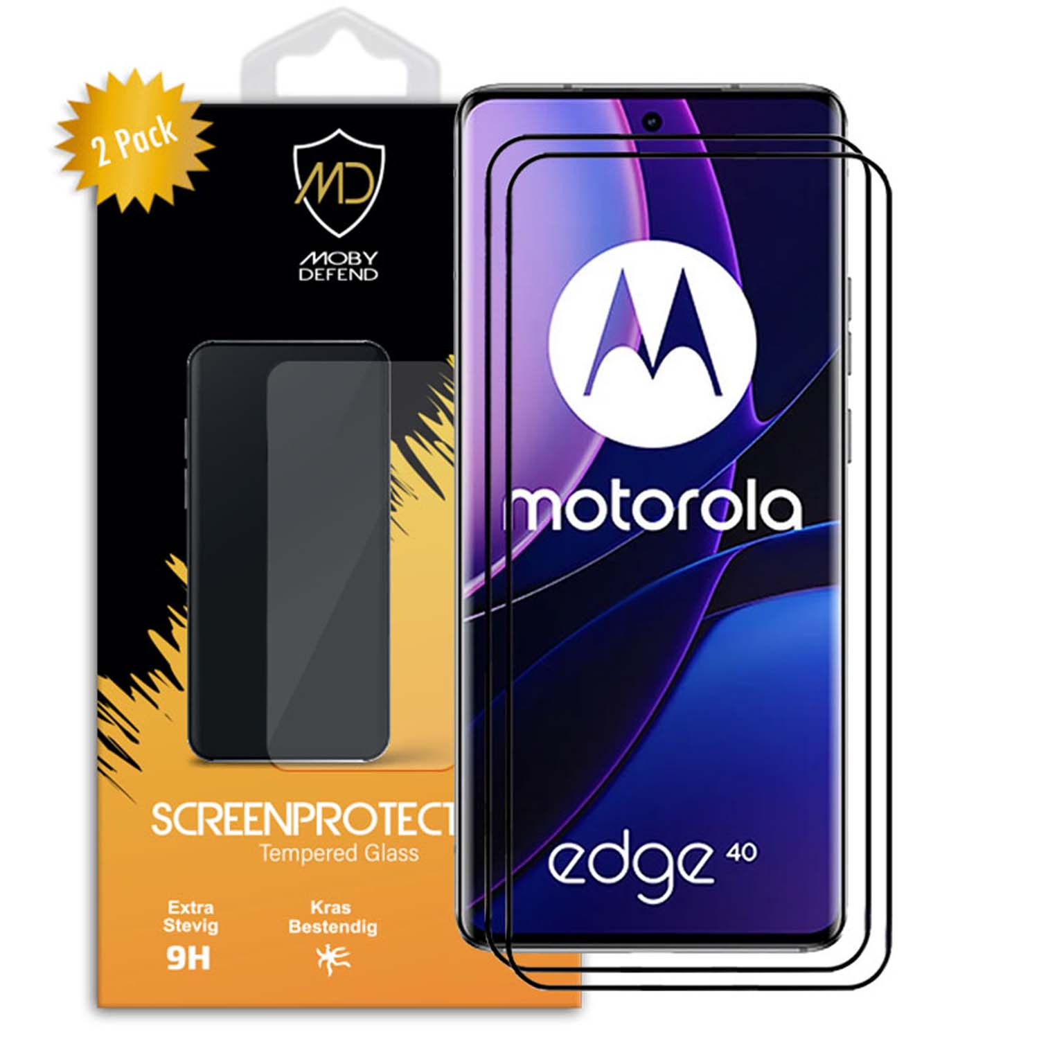 Een telefoon met schermbeschermers en verpakking met 'Motorola edge 40'.