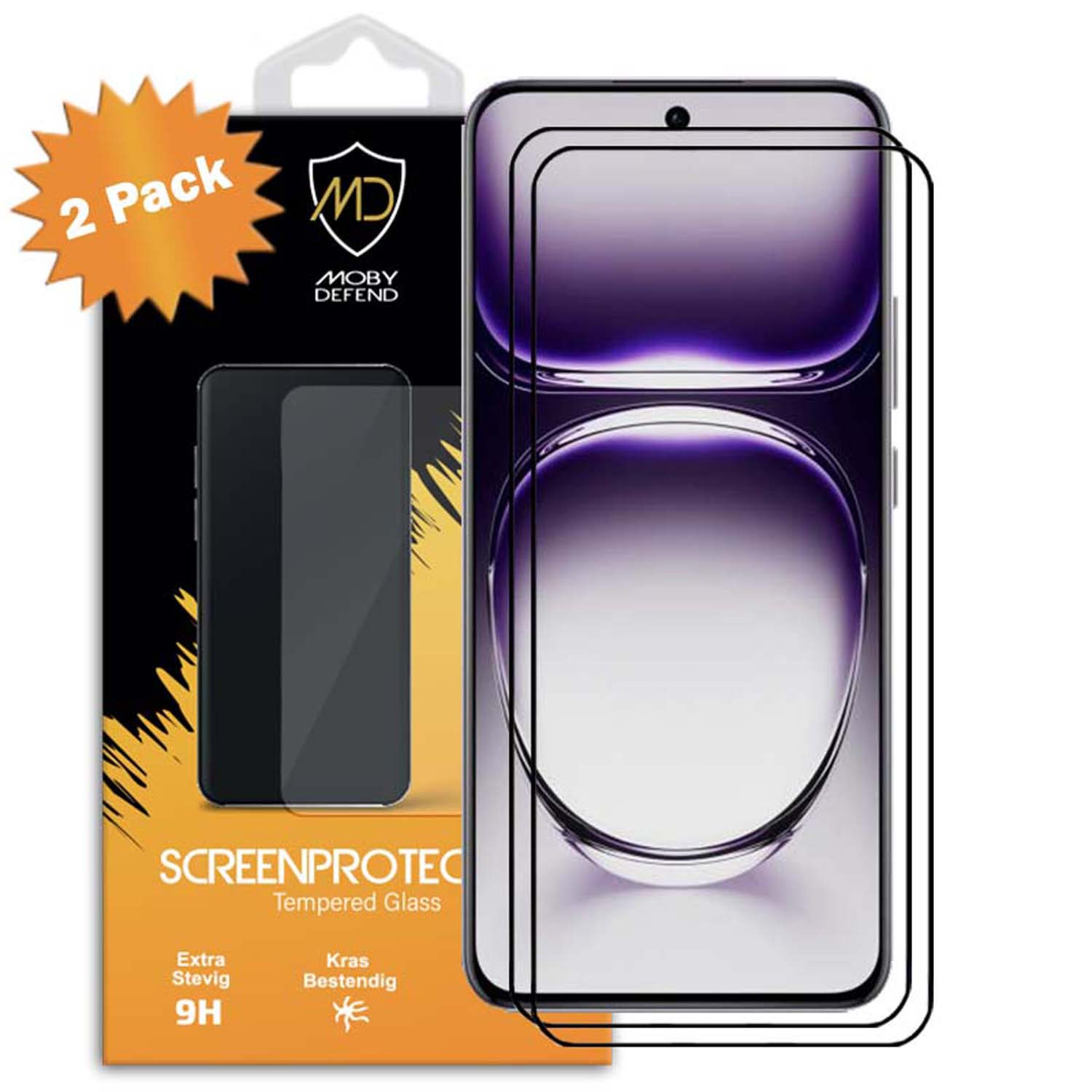 Twee schermbeschermers met telefoon en verpakking, zwarte frames.