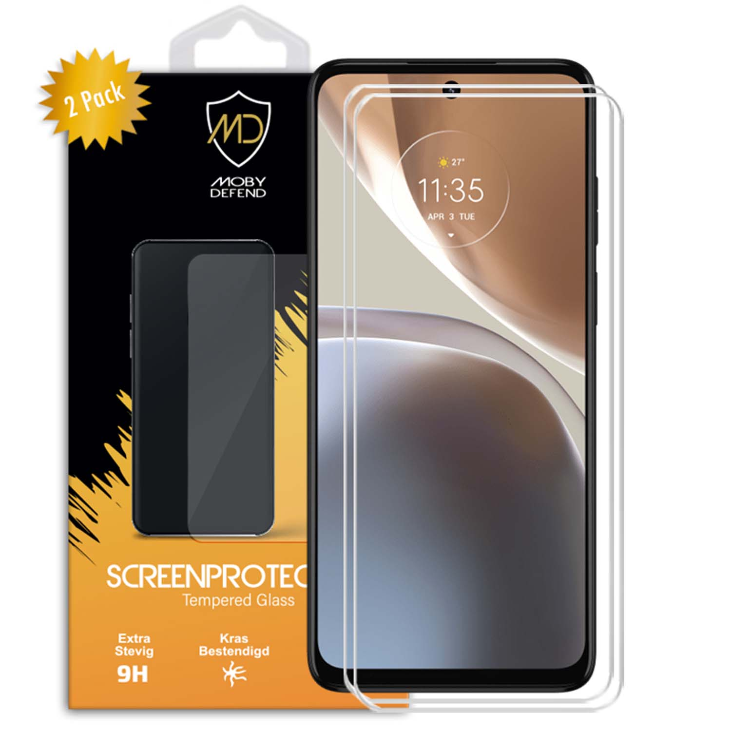 Motorola telefoon met screenprotectors. Pakket toont 2 screenprotectors en telefoon.
