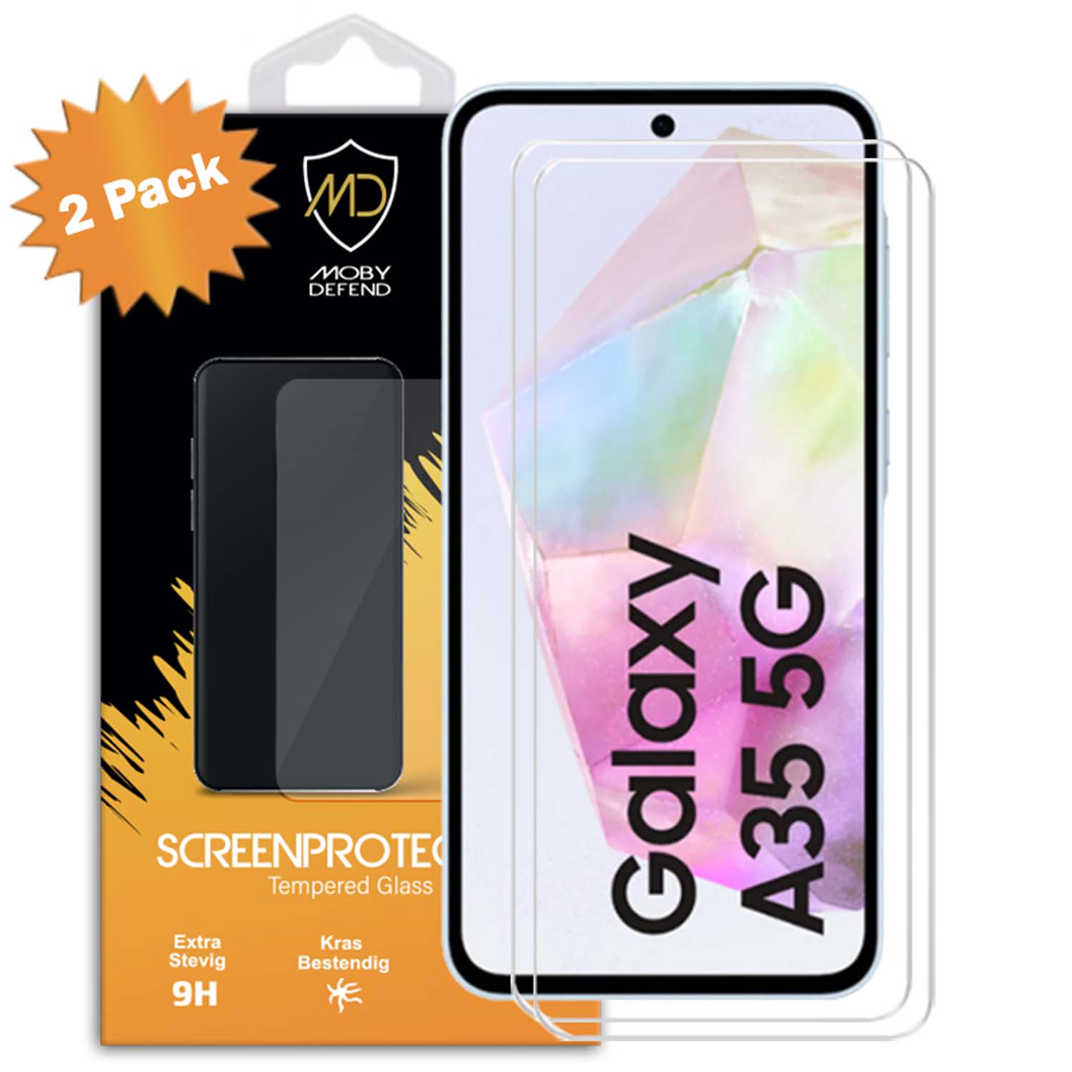 Telefoonschermbeschermer met telefoon rechts en verpakking links. Tekst: ScreenProtect, 9H, Moby Defend en Galaxy A35 5G.