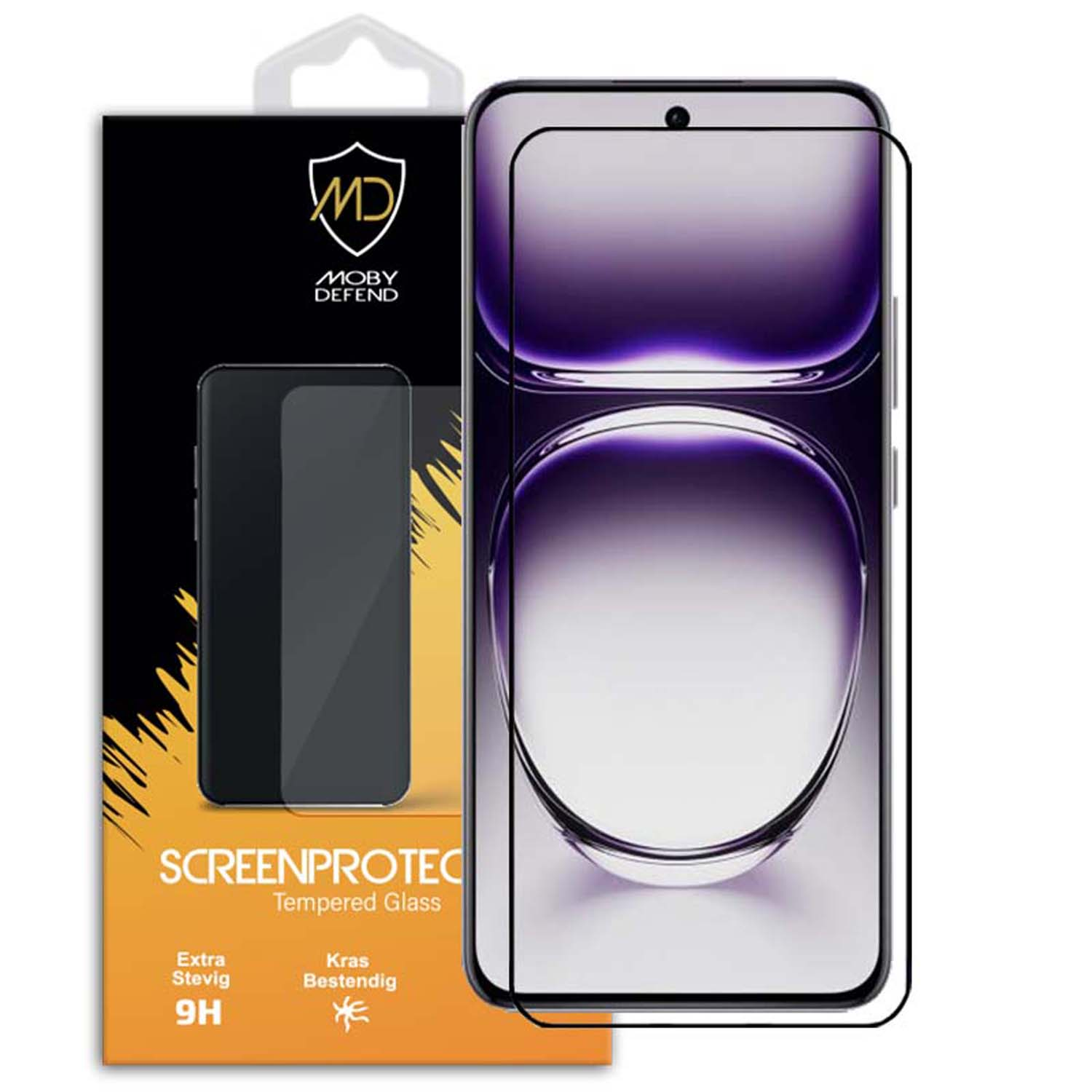 Een telefoon met schermbeschermers, verpakking en een 2-pack sticker. De telefoon toont een paars ontwerp.