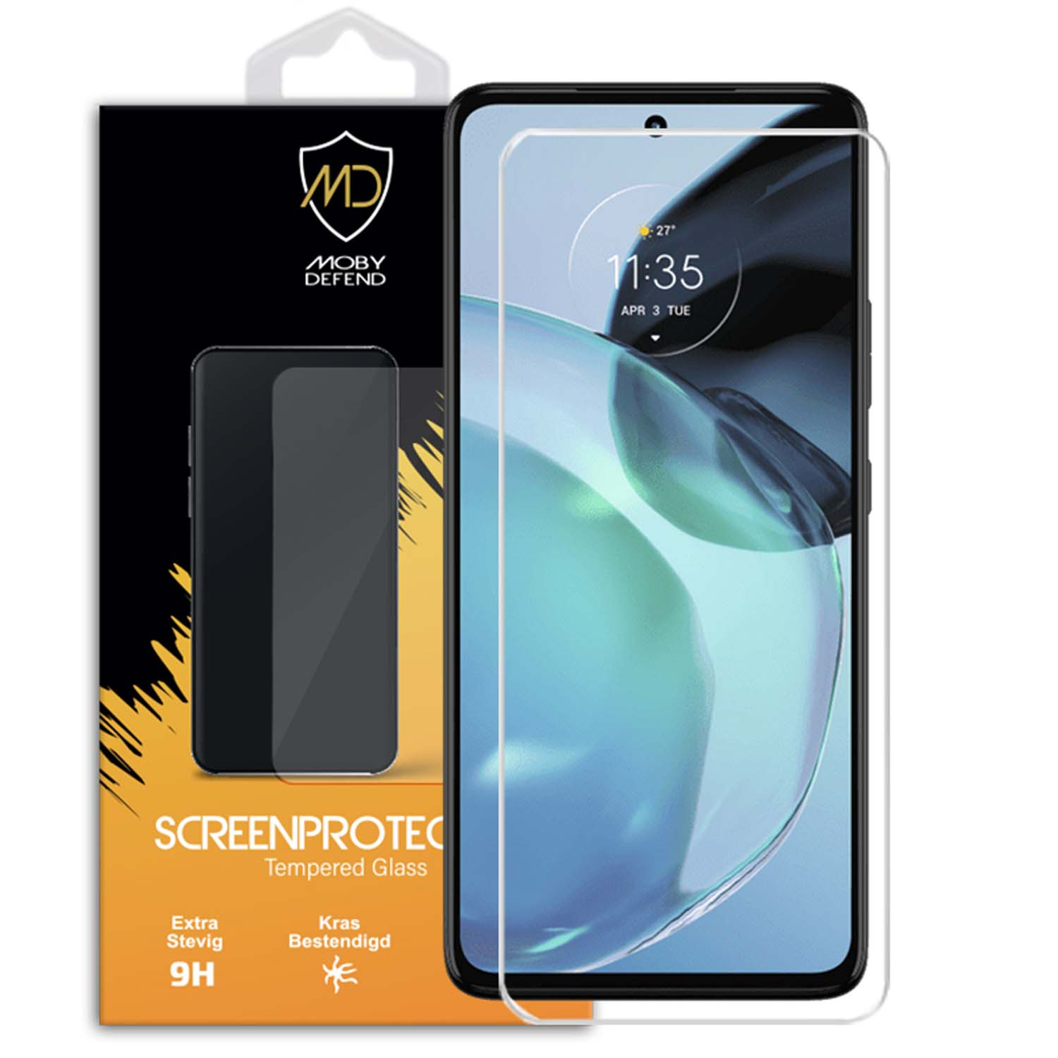 Protecteur d'écran sur un téléphone et une boîte. Le téléphone affiche l'heure. Boîte noire.