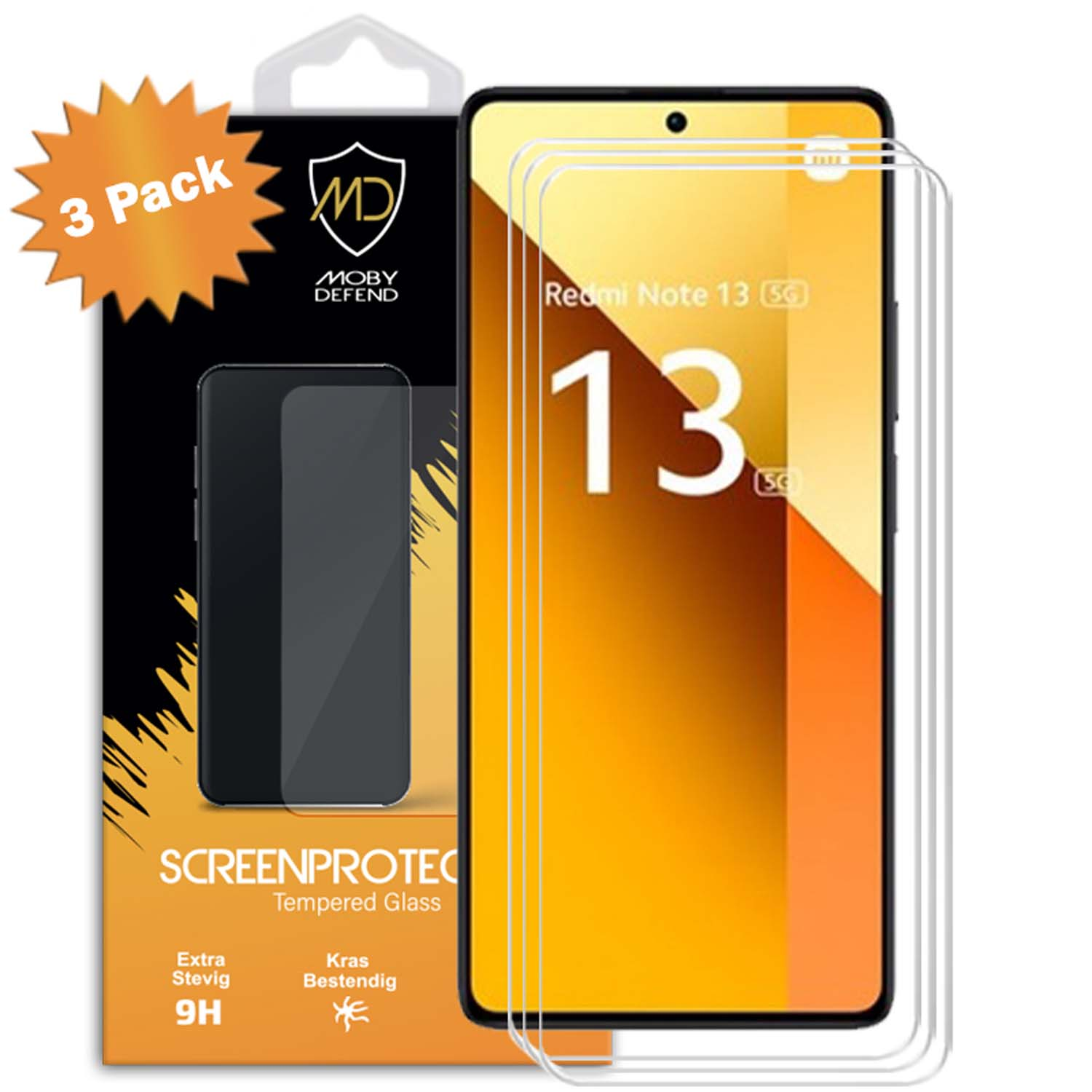 Protections d'écran avec téléphone affiché et une boîte montrant les détails du produit.