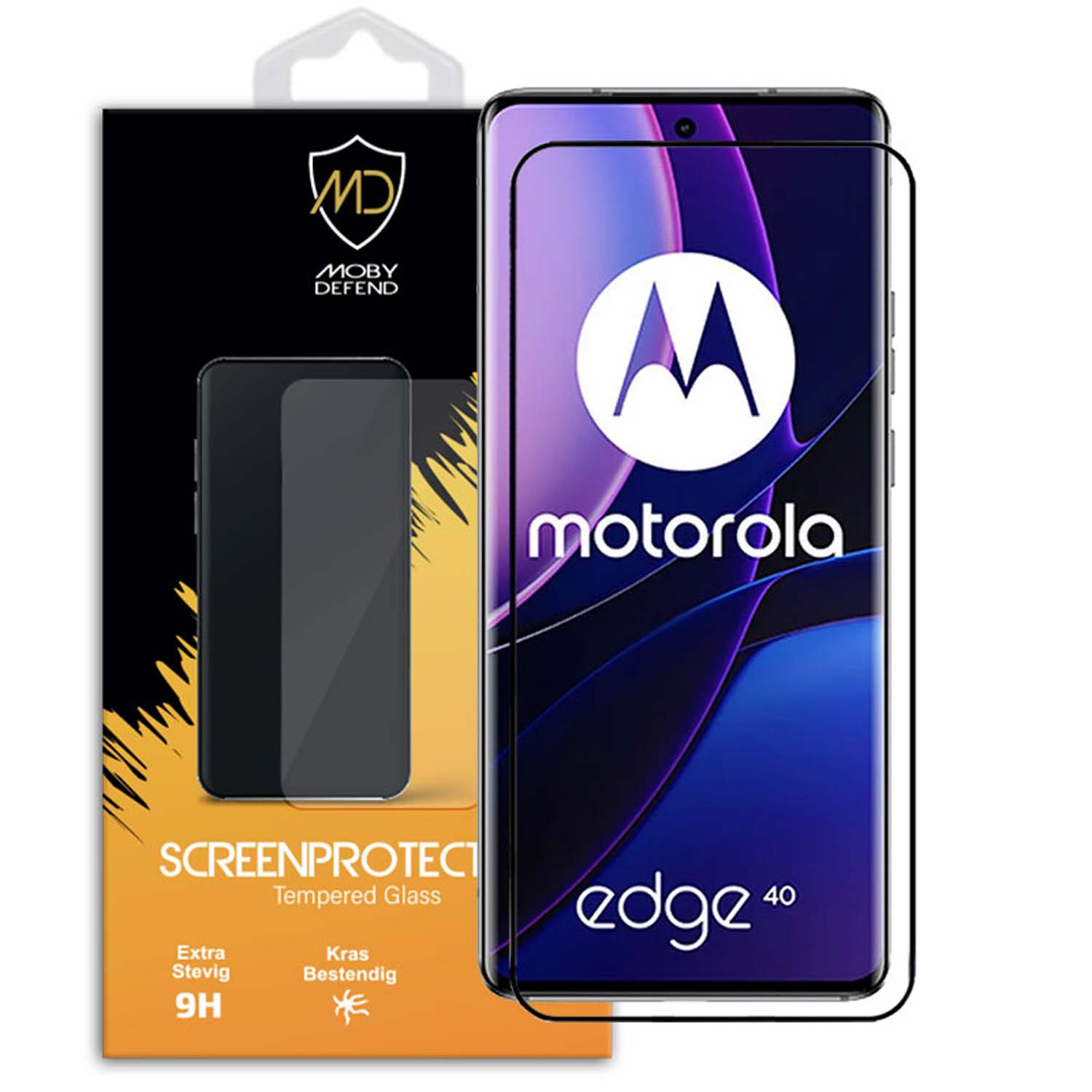 Téléphone Motorola Edge 40 avec protecteur d'écran. L'écran affiche un design abstrait violet et bleu.