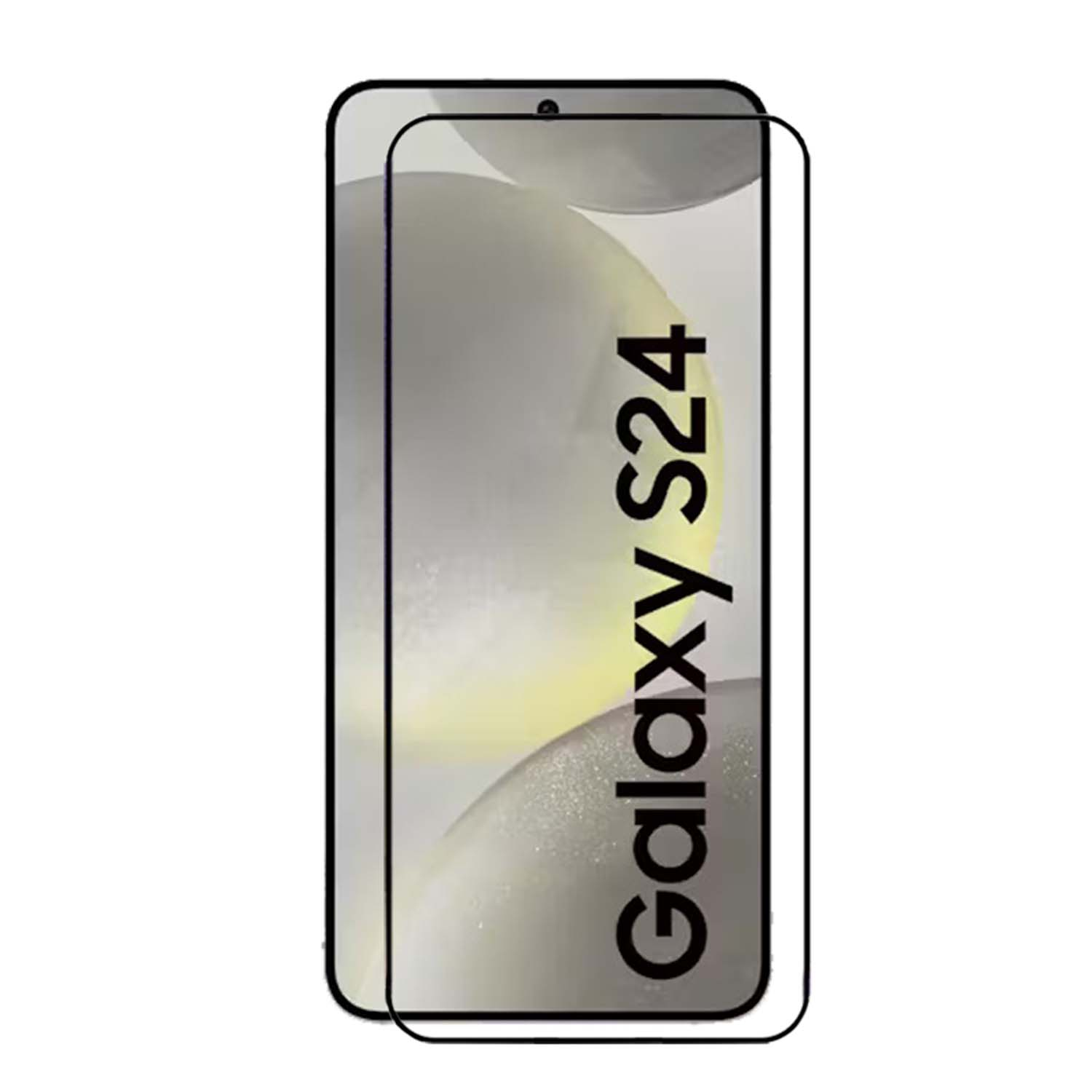 Un protecteur d'écran avec le texte 'Galaxy S24' est affiché. Le protecteur est sur fond blanc.