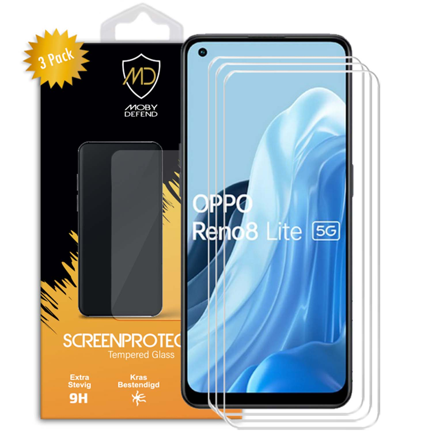 Telefoonschermbeschermerset met telefoonscherm op de achtergrond en verpakking links.
