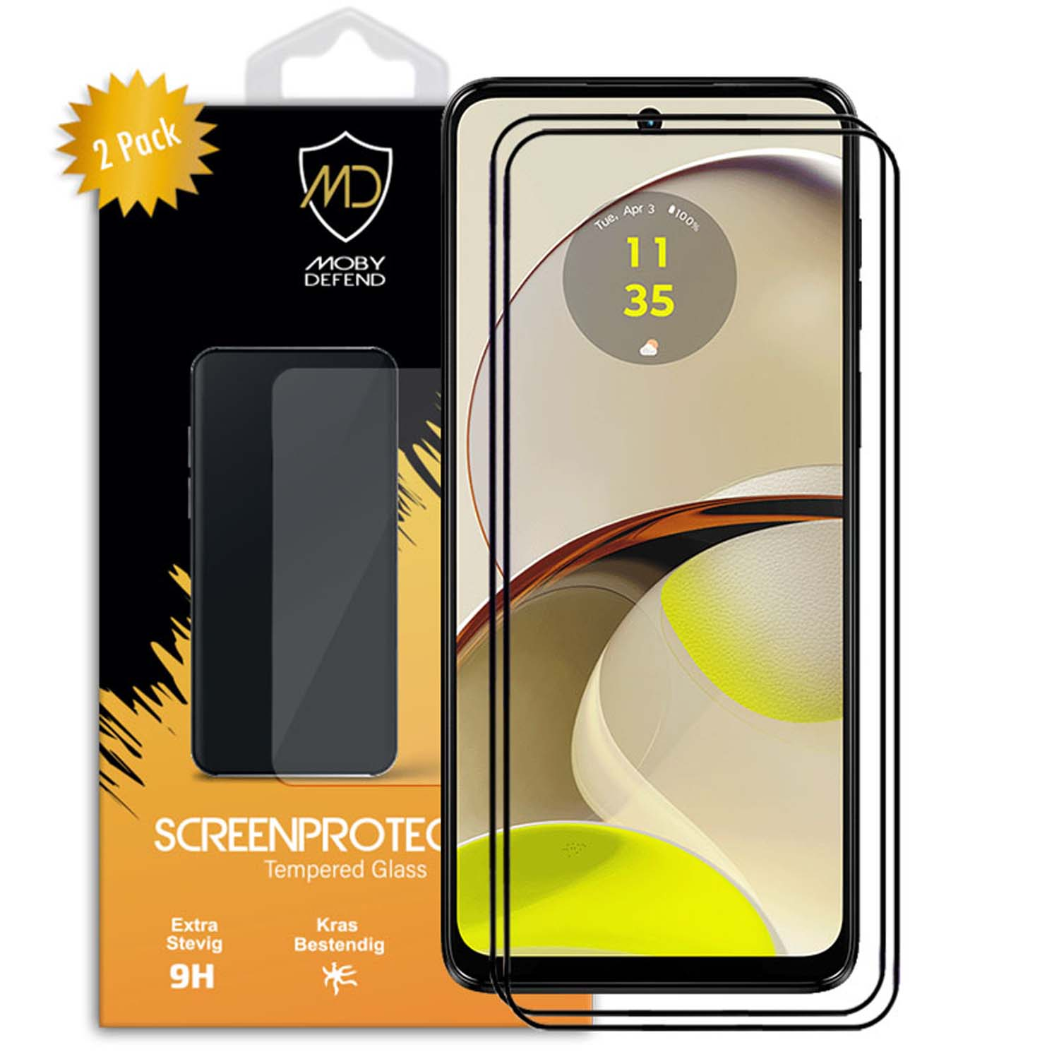 Protecteur d'écran pour Motorola. Boîte, téléphone et deux protecteurs sont visibles.