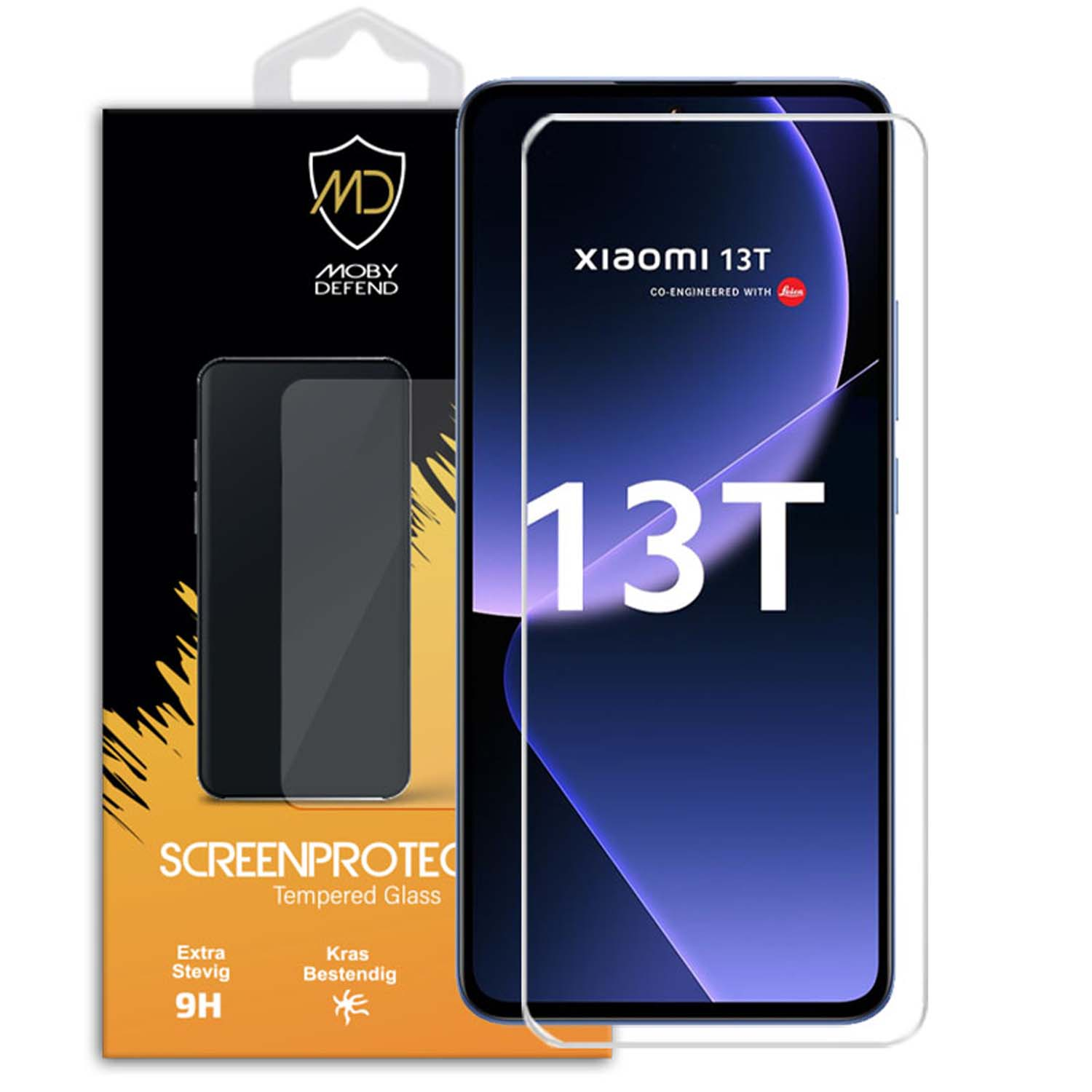 Emballage de protection d'écran et téléphone Xiaomi 13T. Boîte noire avec image de téléphone et protecteur.