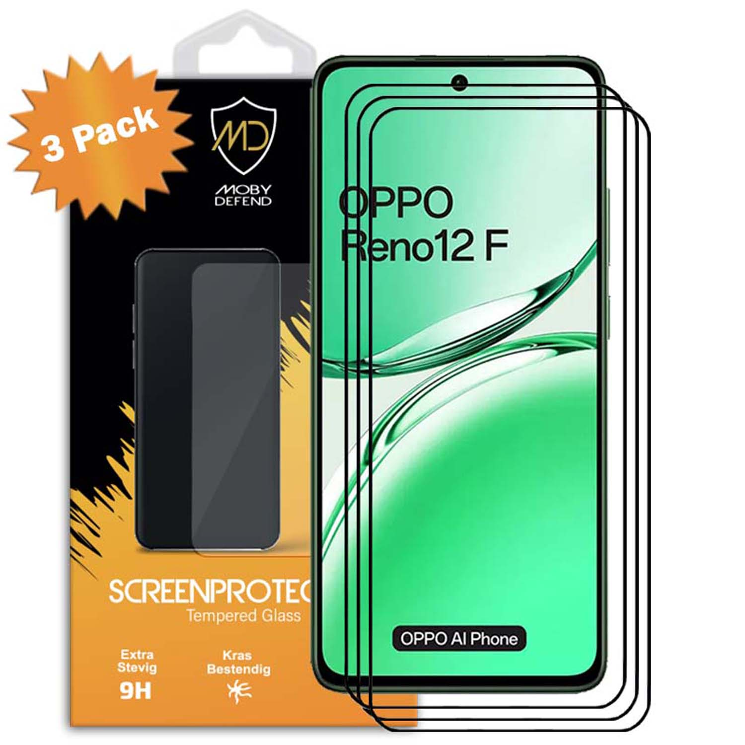 Protecteurs d'écran et téléphone avec Oppo Reno12 F à l'écran et boîte Moby Defend en arrière-plan.
