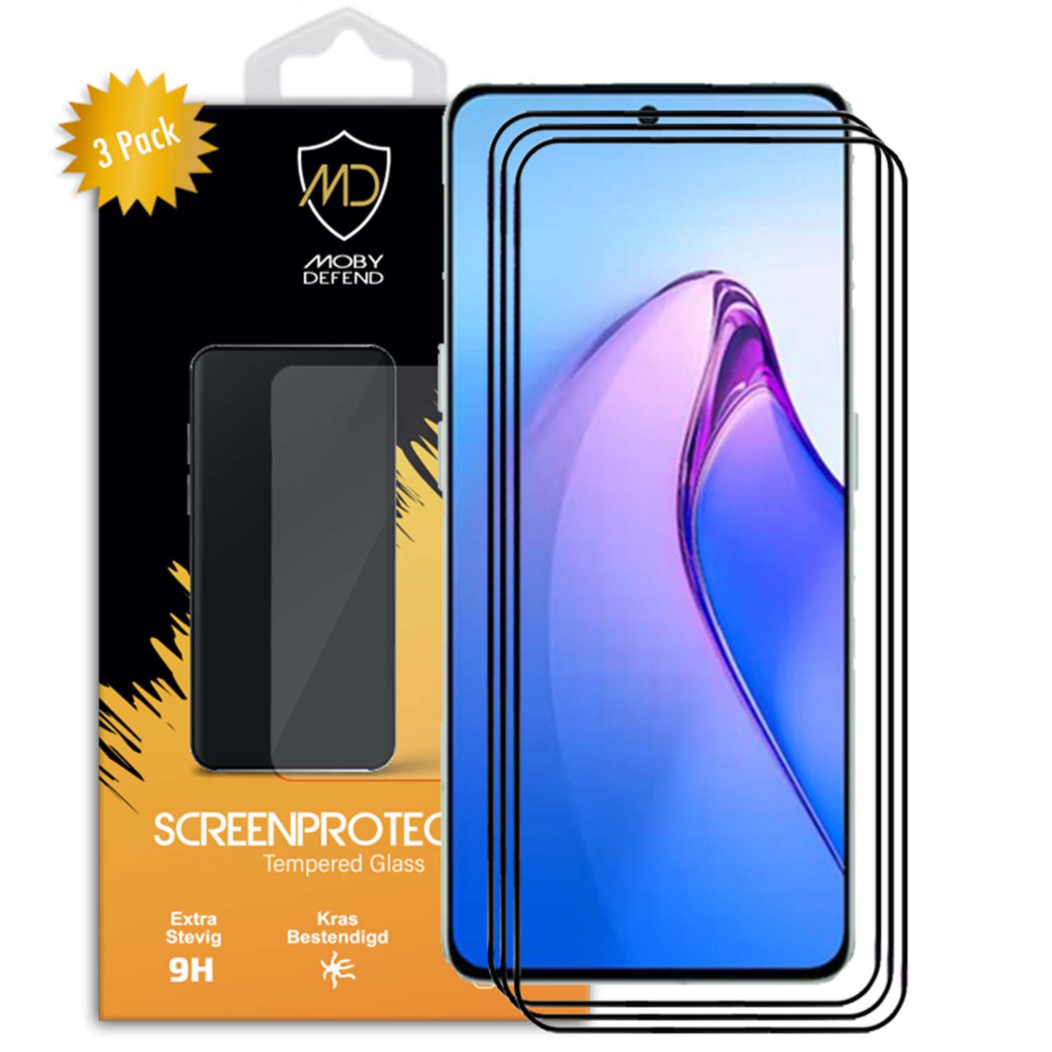 Protecteur d'écran avec téléphone à droite et emballage à gauche. Texte : ScreenProtect, 9H, Moby Defend et Pack de 3.