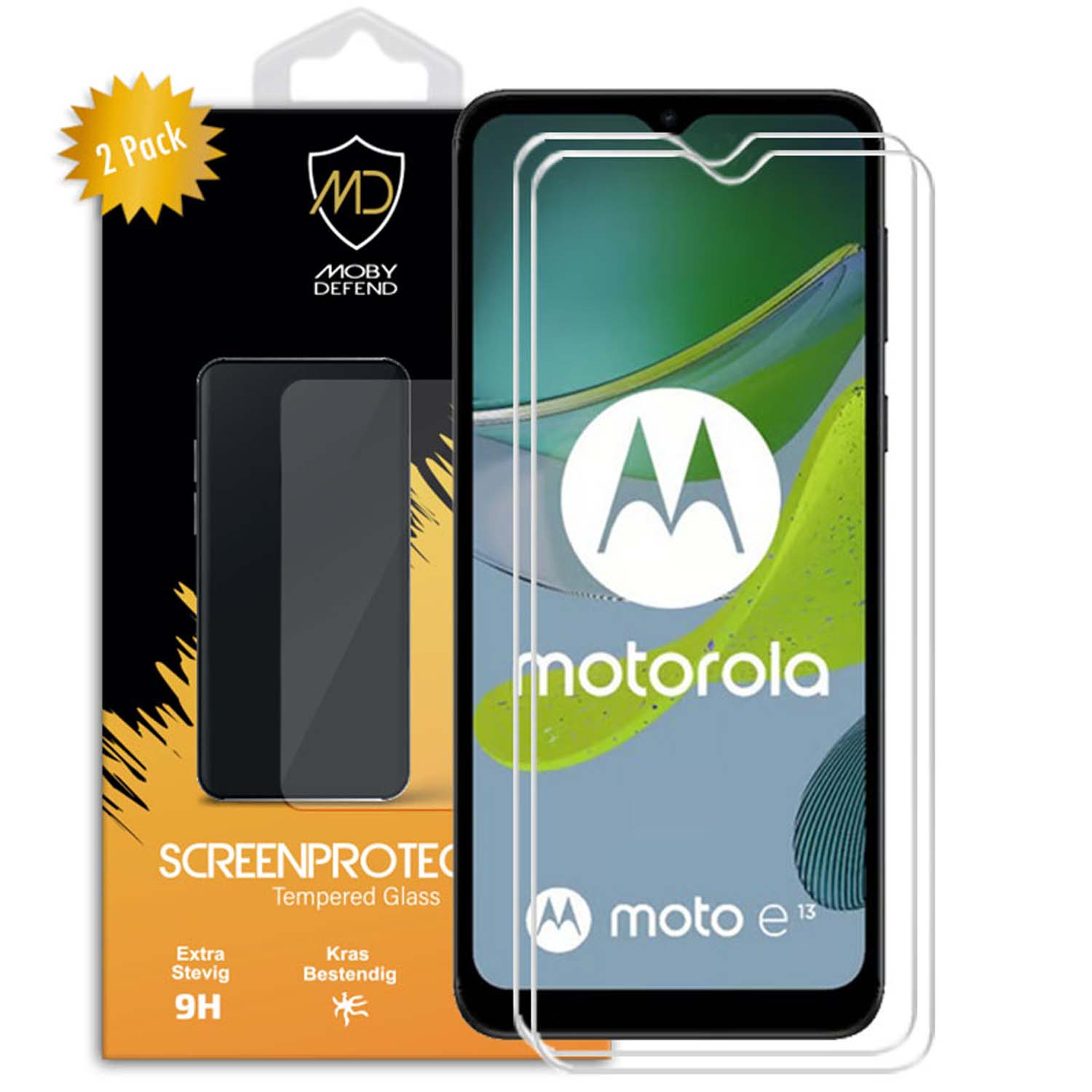 Protecteur d'écran pour Motorola Moto e13. Boîte, téléphone et deux protecteurs sont visibles.