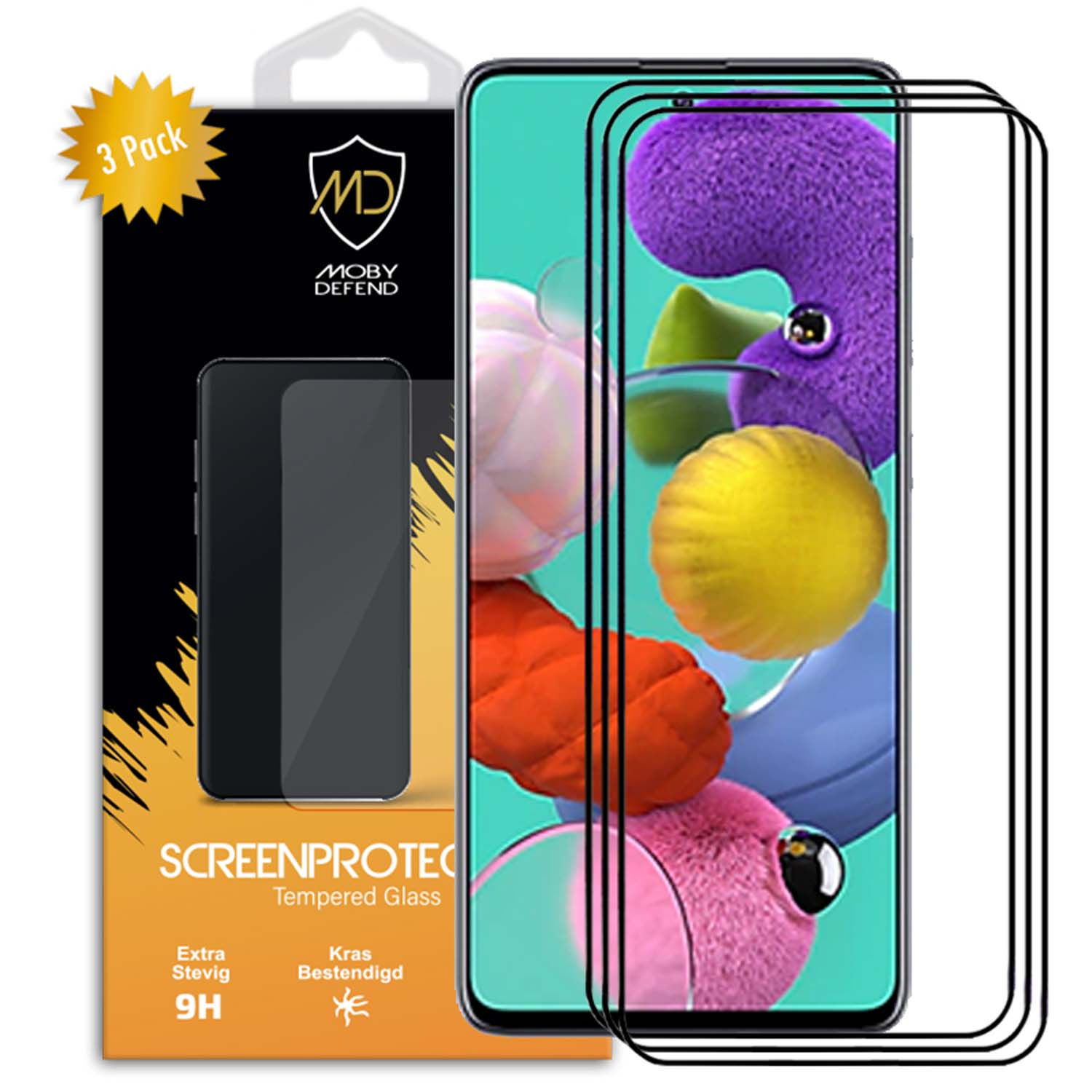 Telefoon met schermbeschermers. Het scherm heeft een kleurrijk abstract ontwerp.
