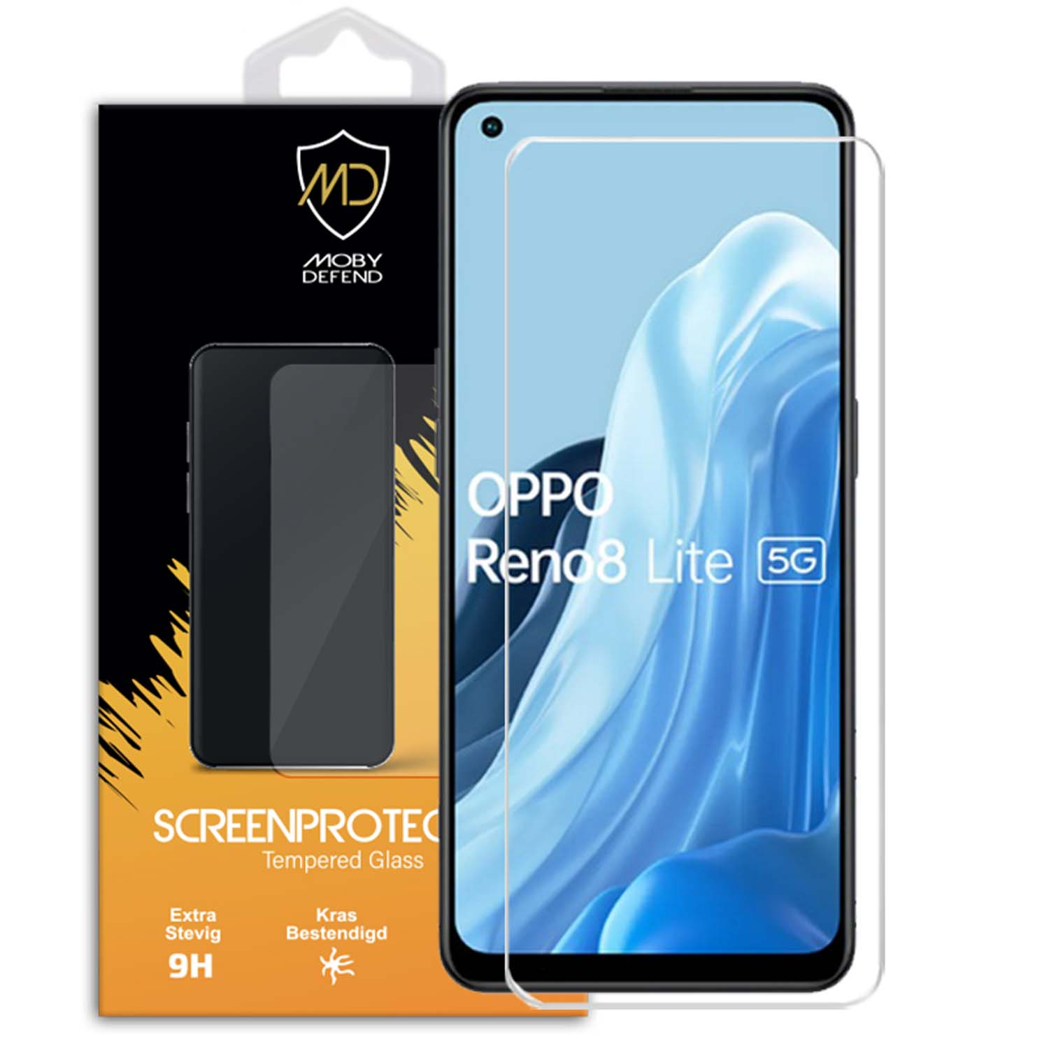 Telefoon met schermbeschermer, zwart frame, verpakking en blauwe achtergrond.