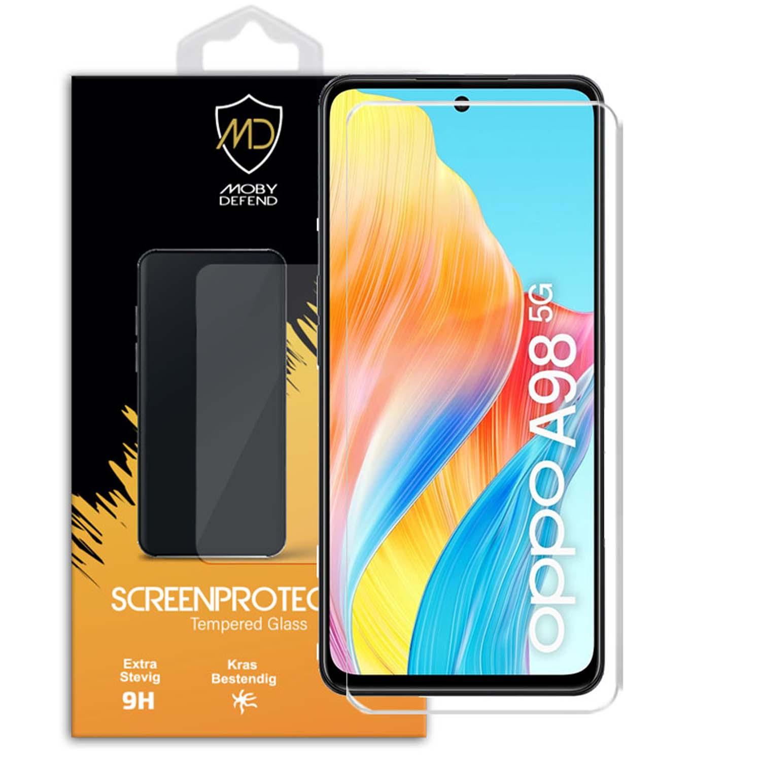Un pack de protecteur d'écran pour Oppo A98 5G. Il comprend une image du téléphone avec le protecteur et le logo de la marque.