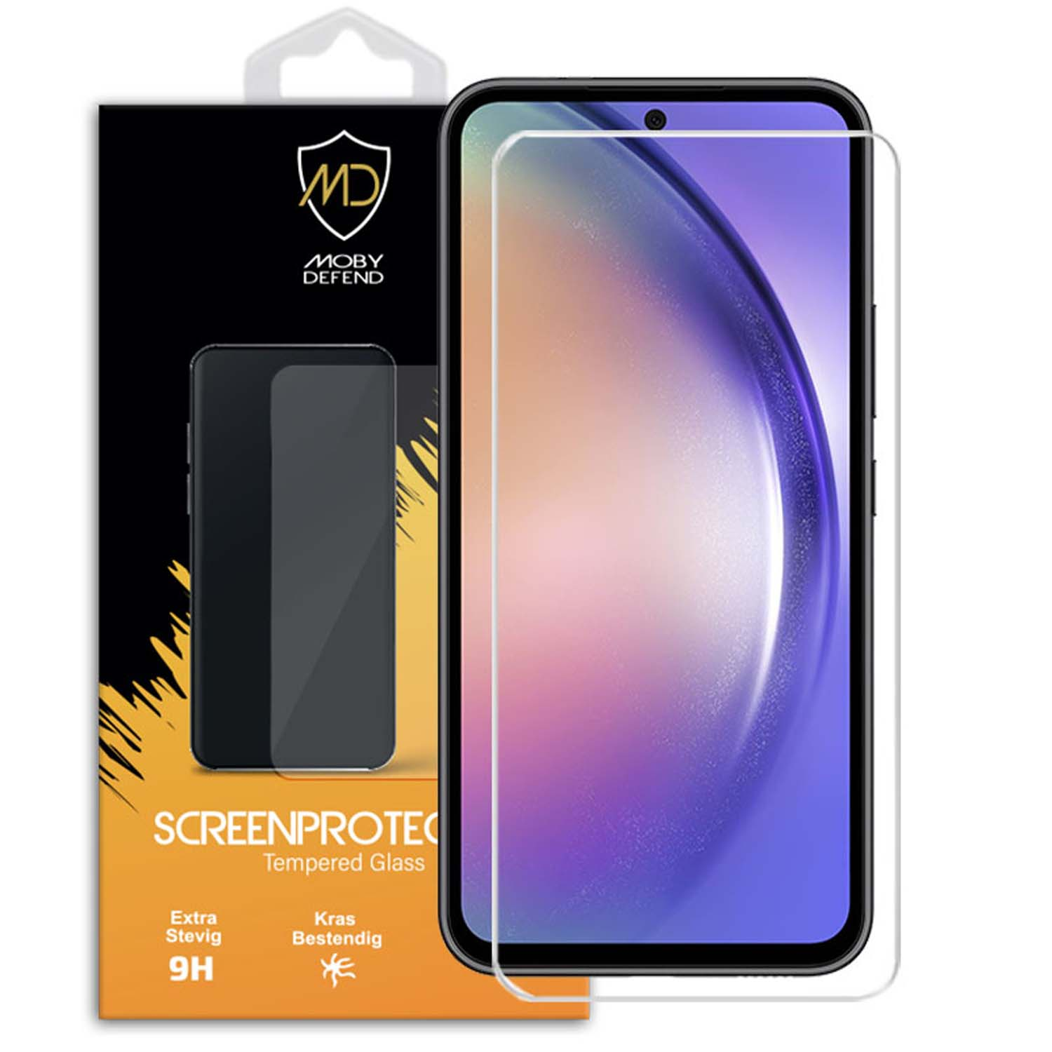 Schermbeschermer en telefoon met een paarse en witte achtergrond en Moby Defend doos achter.