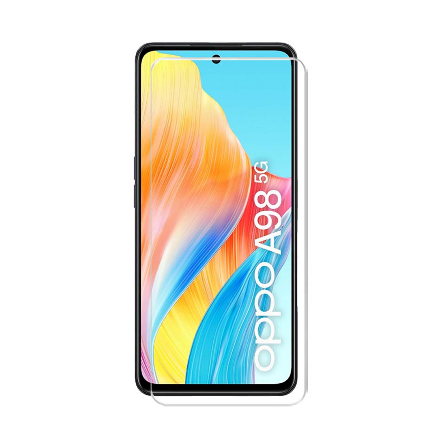 Téléphone Oppo A98 5G avec protecteur d'écran. Écran affiche un design abstrait coloré, bleu et jaune.